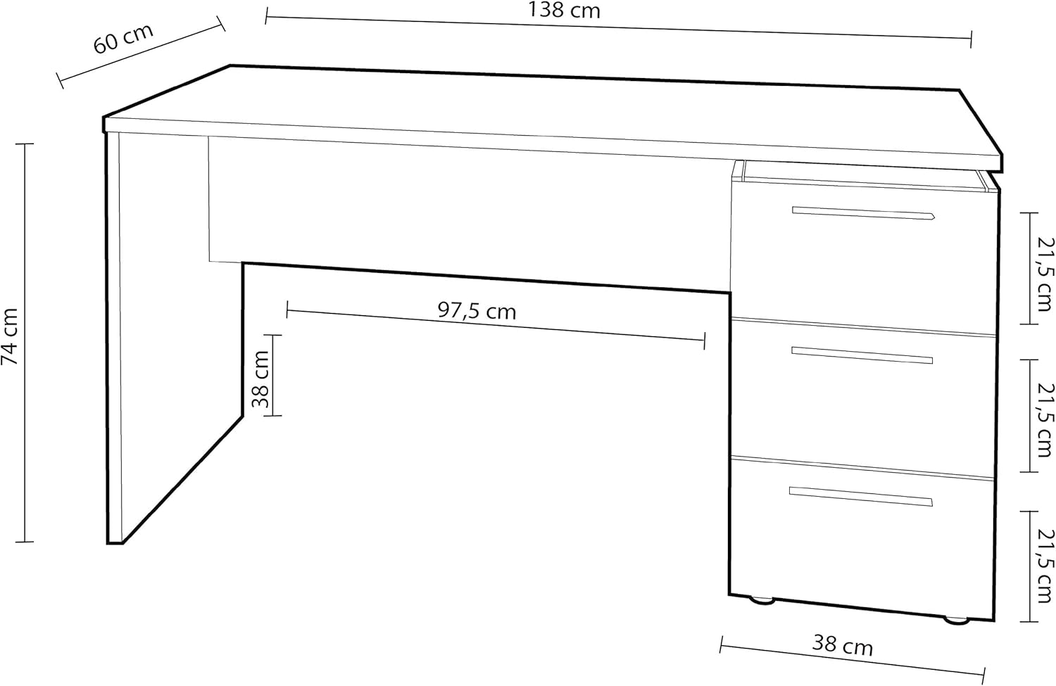 Scrivania 3 cassetti bianco lucido 138x60x74 cm