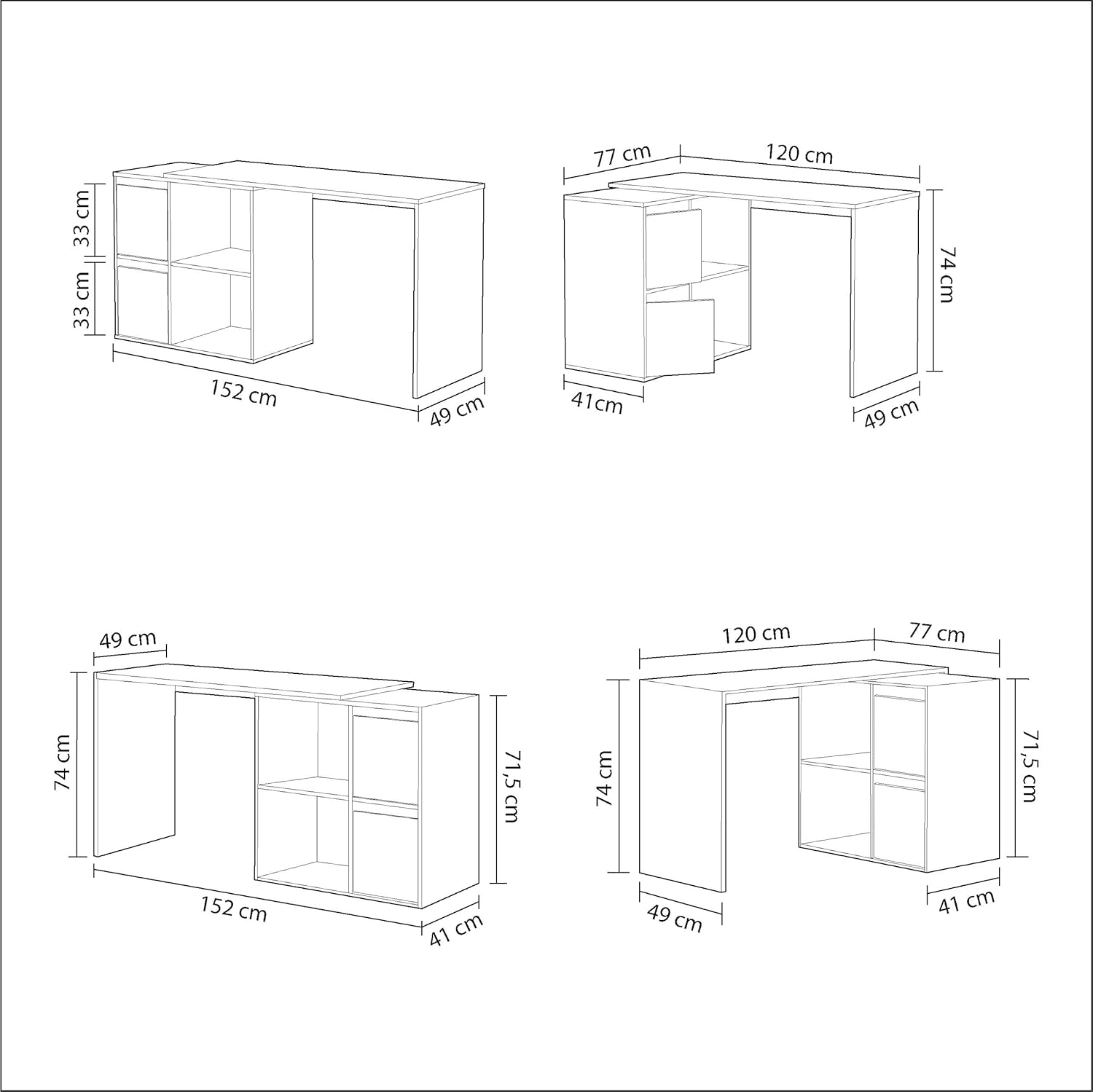 Scrittoio reversibile bianco pluriposizione - 120x49x78 cm regolabile