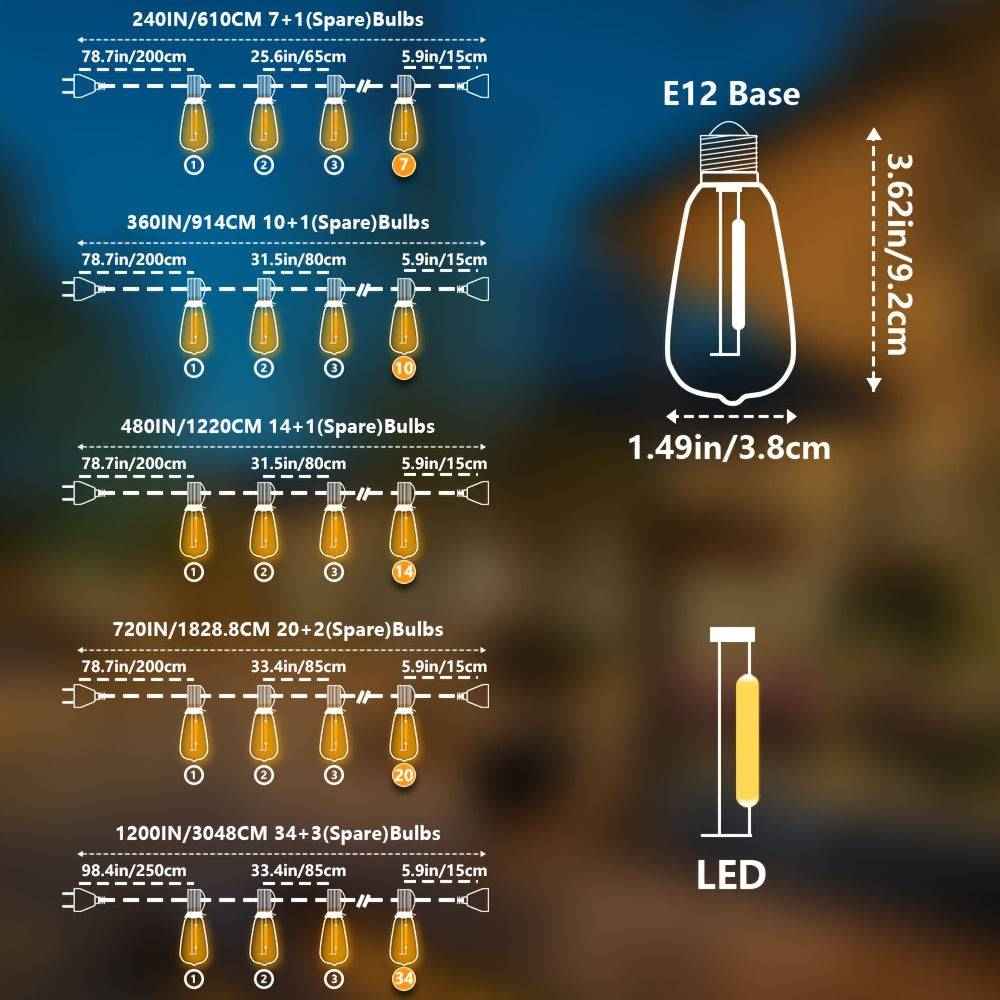 Catena Luminosa LED ST38 30,5 m – Lampadine Edison Dimmerabili Infrangibili per Esterni