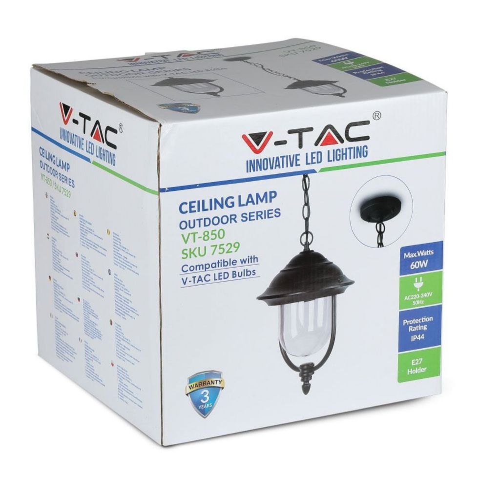V-TAC Lampada LED da Soffitto a Lanterna E27, L 890mm, Nero, IP44, Max 60W