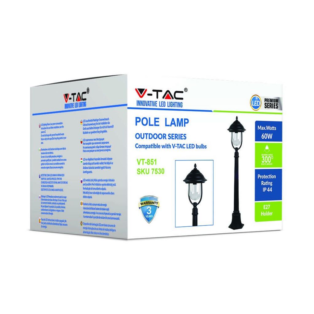 V-TAC Lampada LED da Terra a Lanterna E27, H 110cm, Nero, IP44, Max 60W