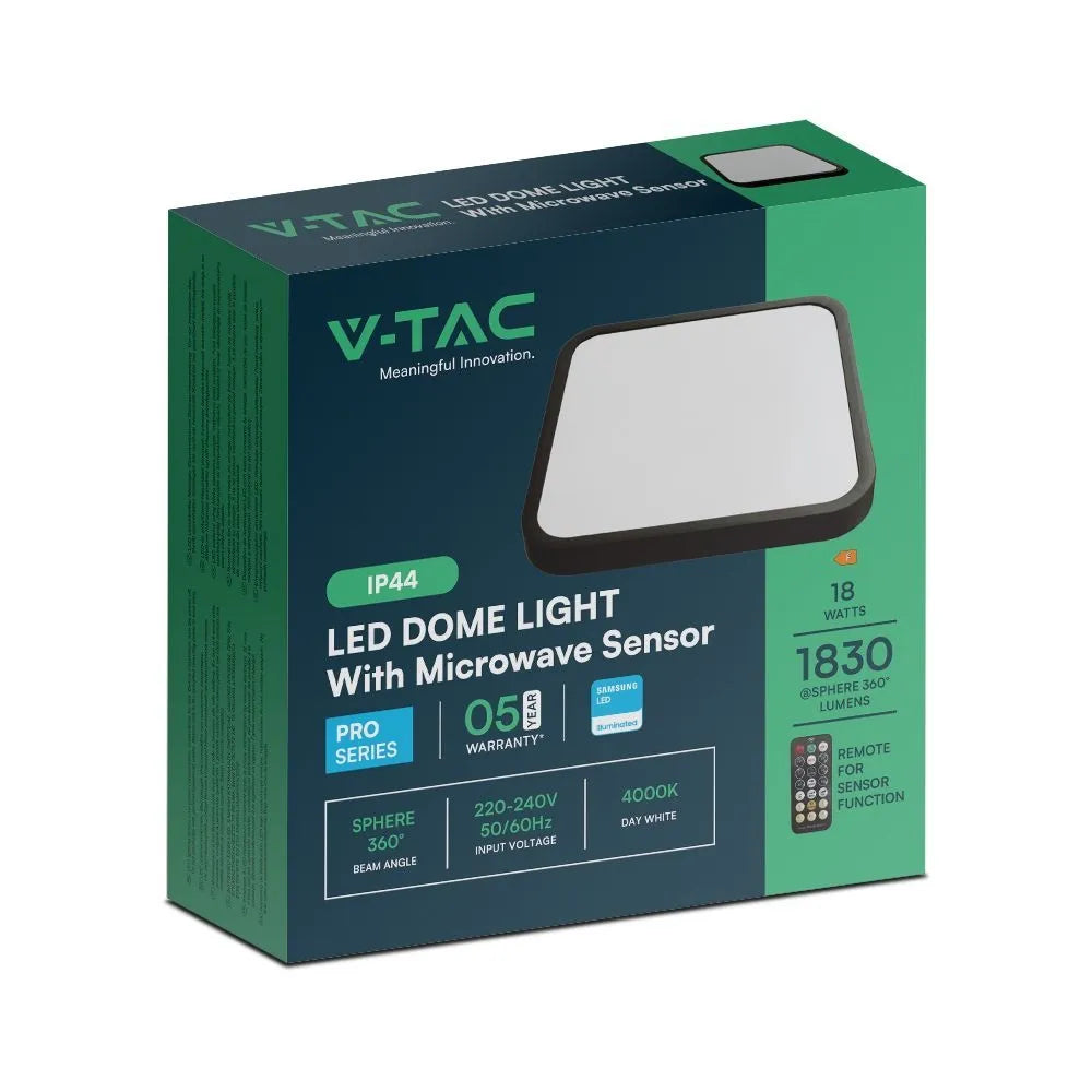 Plafoniera LED V‑TAC 18 W quadrata nera – Chip Samsung, sensore + telecomando