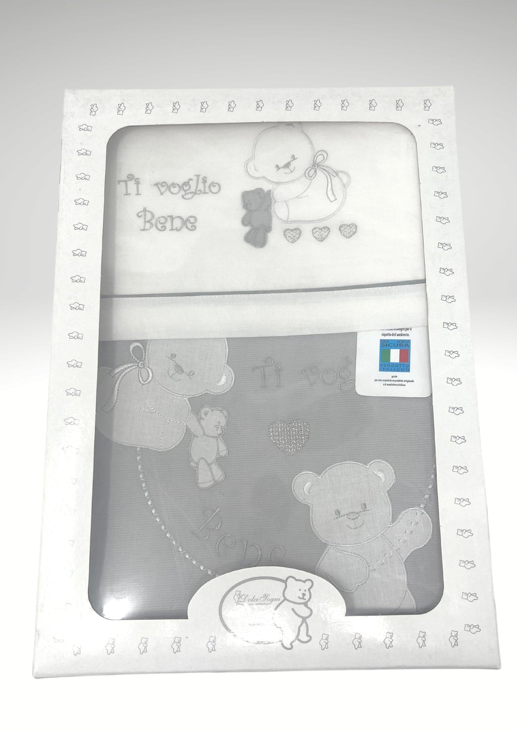Dolci Sogni Coordinato 4 Pezzi Copriletto+completo Lenzuola Lettino In Piquet 100% Cotone Ricamato Colori Panna Rosa Cielo Grigio