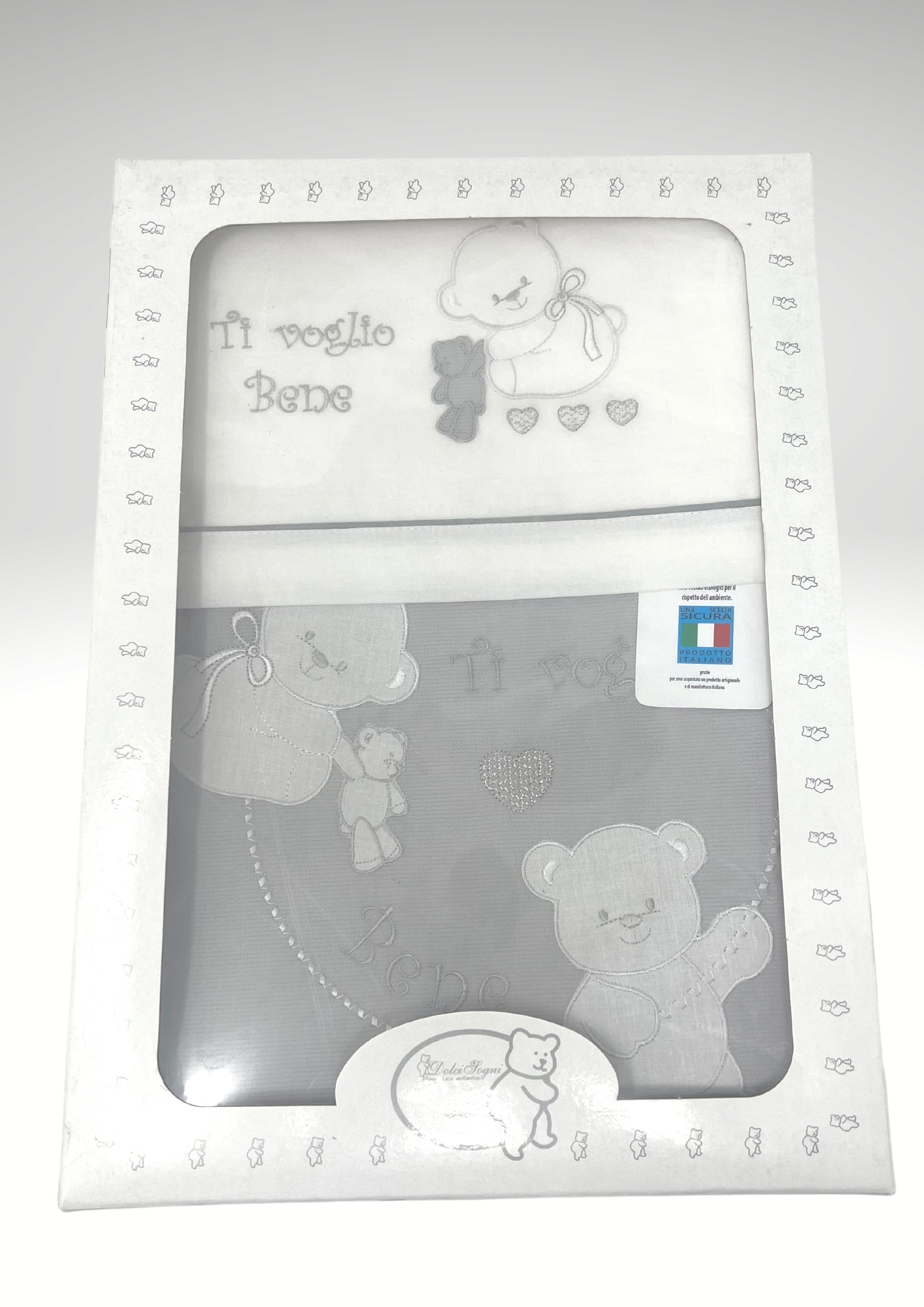 Dolci Sogni Coordinato 4 Pezzi Copriletto+completo Lenzuola Lettino In Piquet 100% Cotone Ricamato Colori Panna Rosa Cielo Grigio
