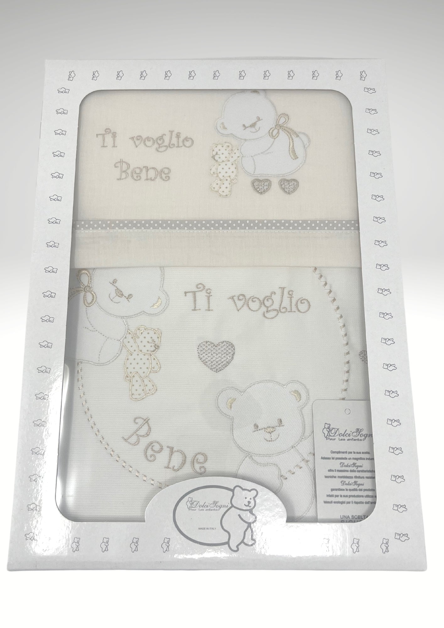 Dolci Sogni Coordinato 4 Pezzi Copriletto+completo Lenzuola Lettino In Piquet 100% Cotone Ricamato Colori Panna Rosa Cielo Grigio