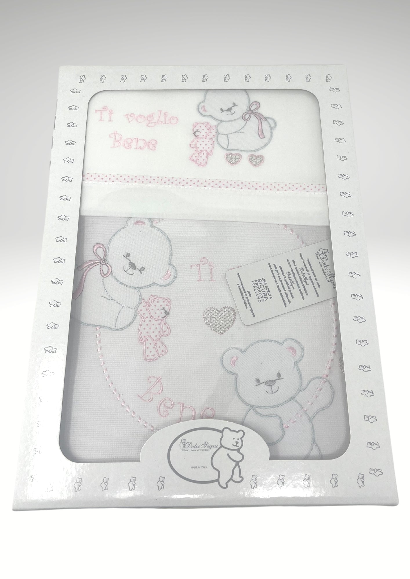 Dolci Sogni Coordinato 4 Pezzi Copriletto+completo Lenzuola Lettino In Piquet 100% Cotone Ricamato Colori Panna Rosa Cielo Grigio