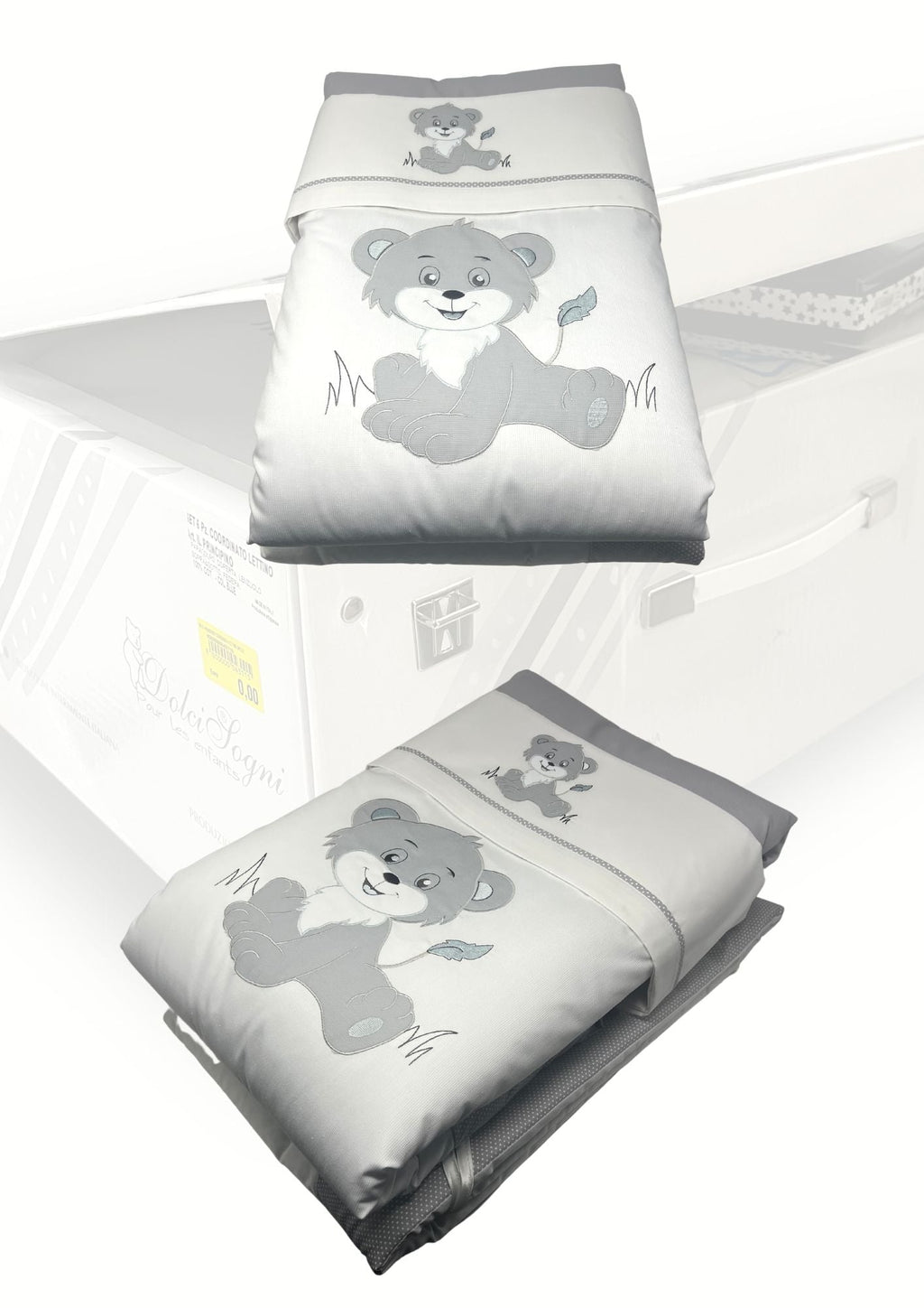 Dolci Sogni Coordinato 5 Pezzi Trapunta+paracolpi+completo Lenzuola Lettino In 100% Cotone Ricamato Colori Panna Rosa Cielo Grigio Art. 6023