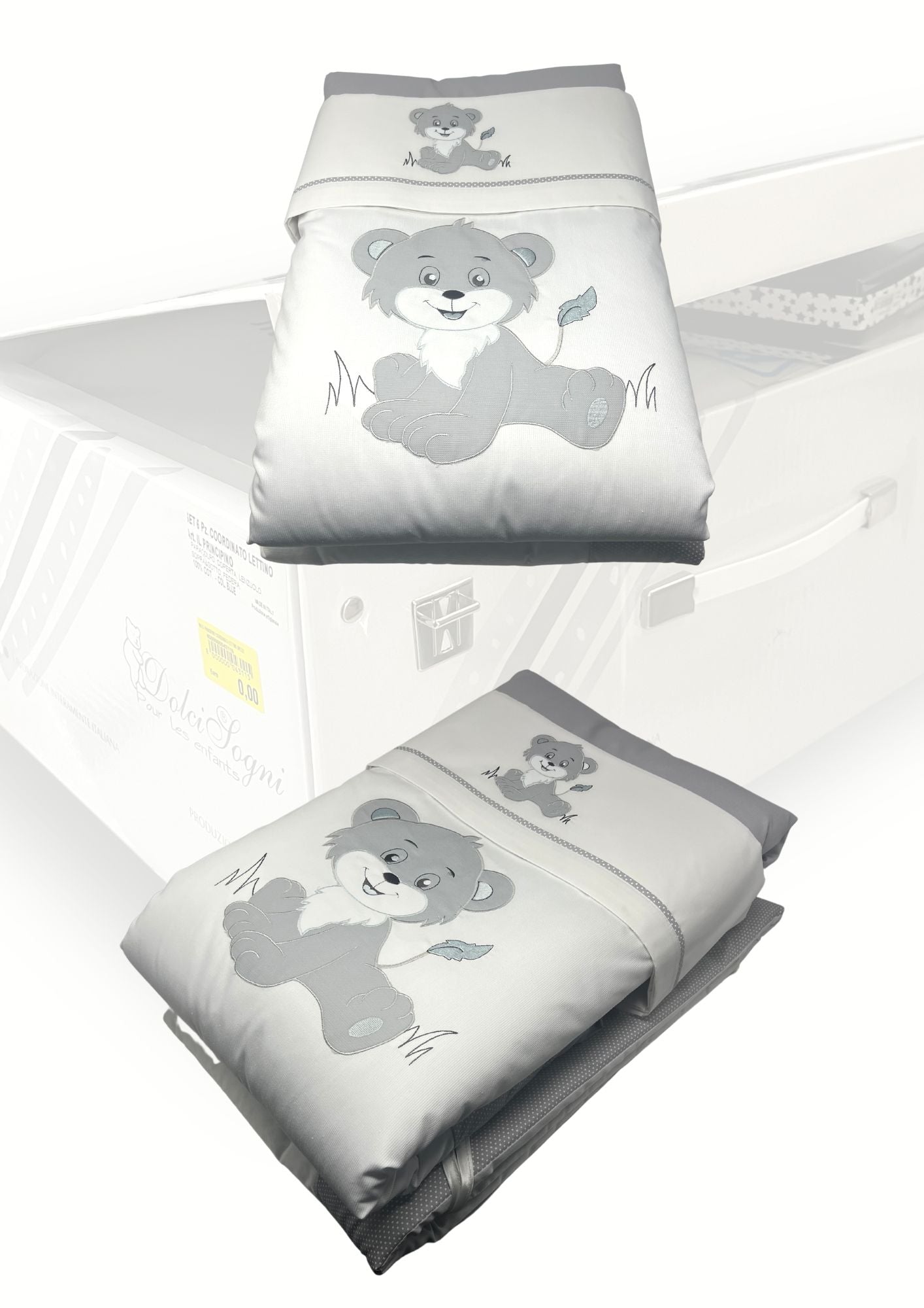 Dolci Sogni Coordinato 5 Pezzi Trapunta+paracolpi+completo Lenzuola Lettino In 100% Cotone Ricamato Colori Panna Rosa Cielo Grigio Art. 6023