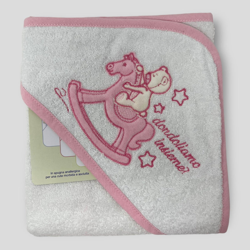 Teneri Bebe' Accappatoio Triangolo Neonato In Spugna Puro Cotone Ricamo Dondolo  Art. 1915