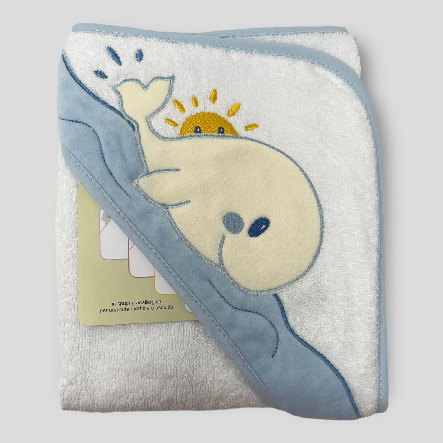 Teneri Bebe' Accappatoio Triangolo Neonato In Spugna Puro Cotone Ricamo Balena   Art. 1934