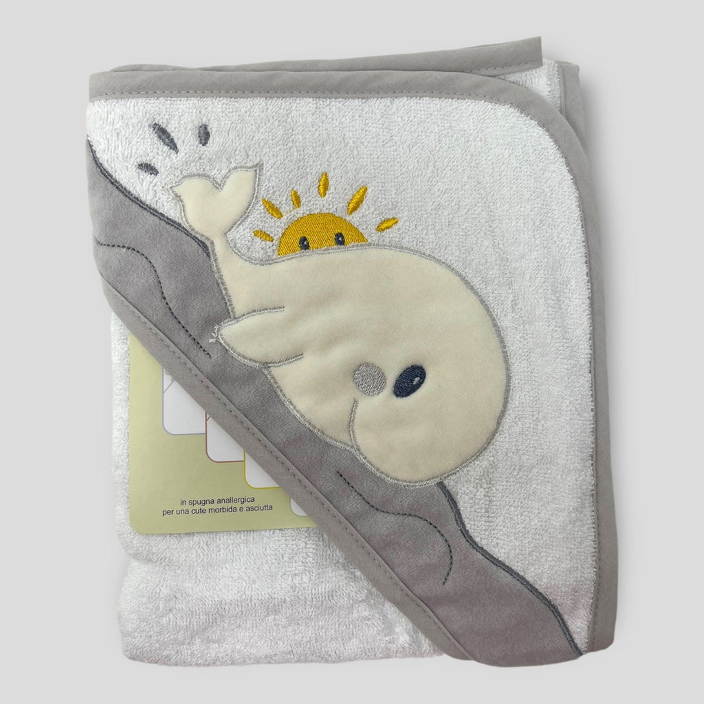 Teneri Bebe' Accappatoio Triangolo Neonato In Spugna Puro Cotone Ricamo Balena   Art. 1934