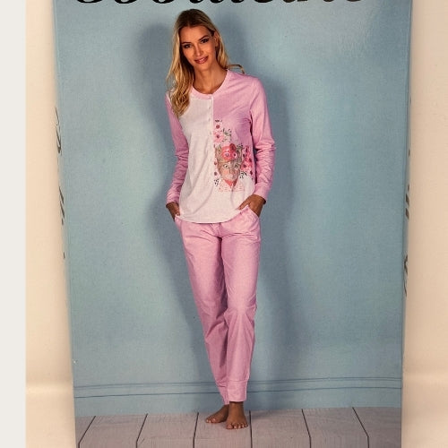 Bollicine Primavera - Pigiama Donna Cotone Serafino 7 Bottoni In Puro Cotone Pantalone Unito  Art. Ambra