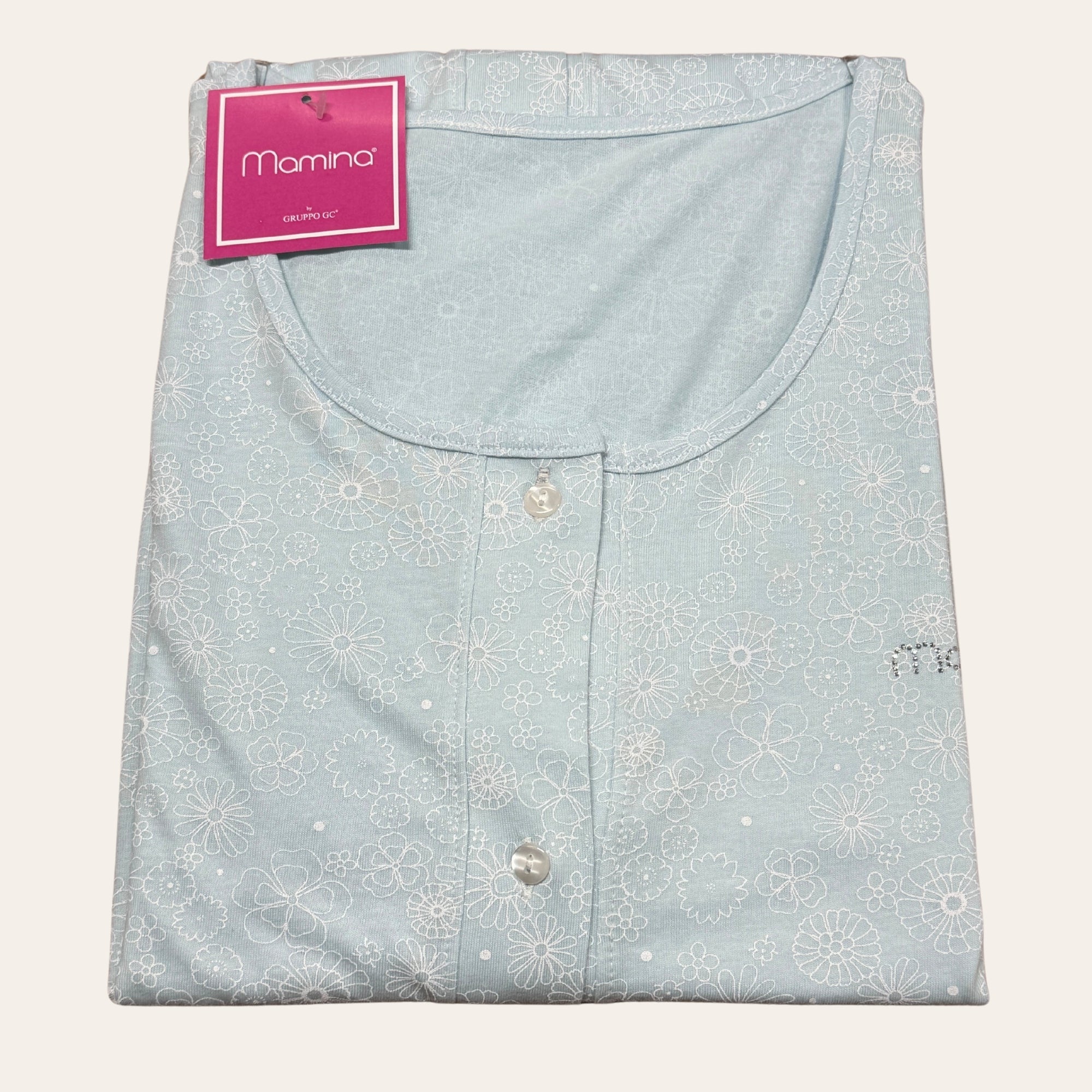 Mamina - Camicia Da Notte Aperta Mezza Manica Fantasia Con Pizzo (pre-post Parto)  Art. Z9292