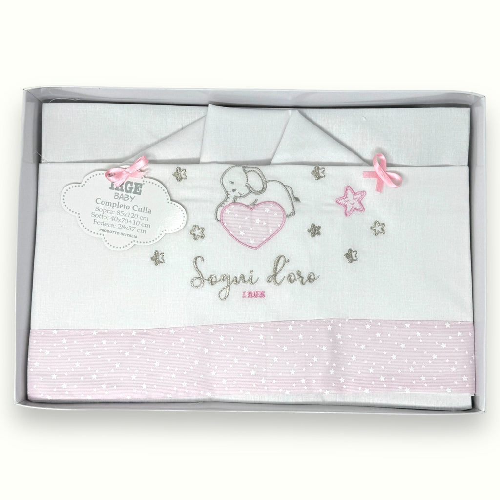 Irge Baby - Completo Culla Carrozzina 3 Pezzi -sotto+sopra+federa Ricamato In Puro Cotone Misura 90x120 Art. Bicc11