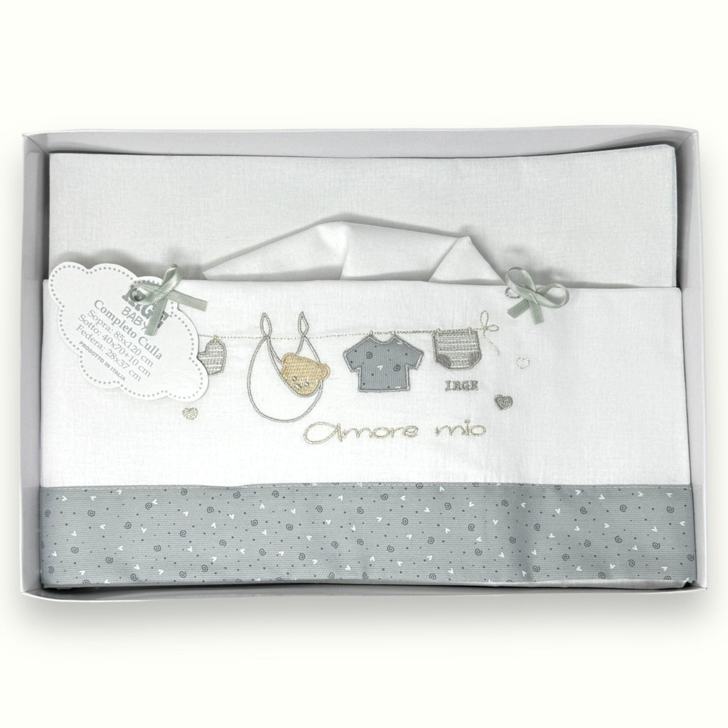 Irge Baby Completo Culla Carrozzina 3 Pezzi -sotto+sopra+federa Ricamato In Puro Cotone Misura 90x120  Art. Bicc10
