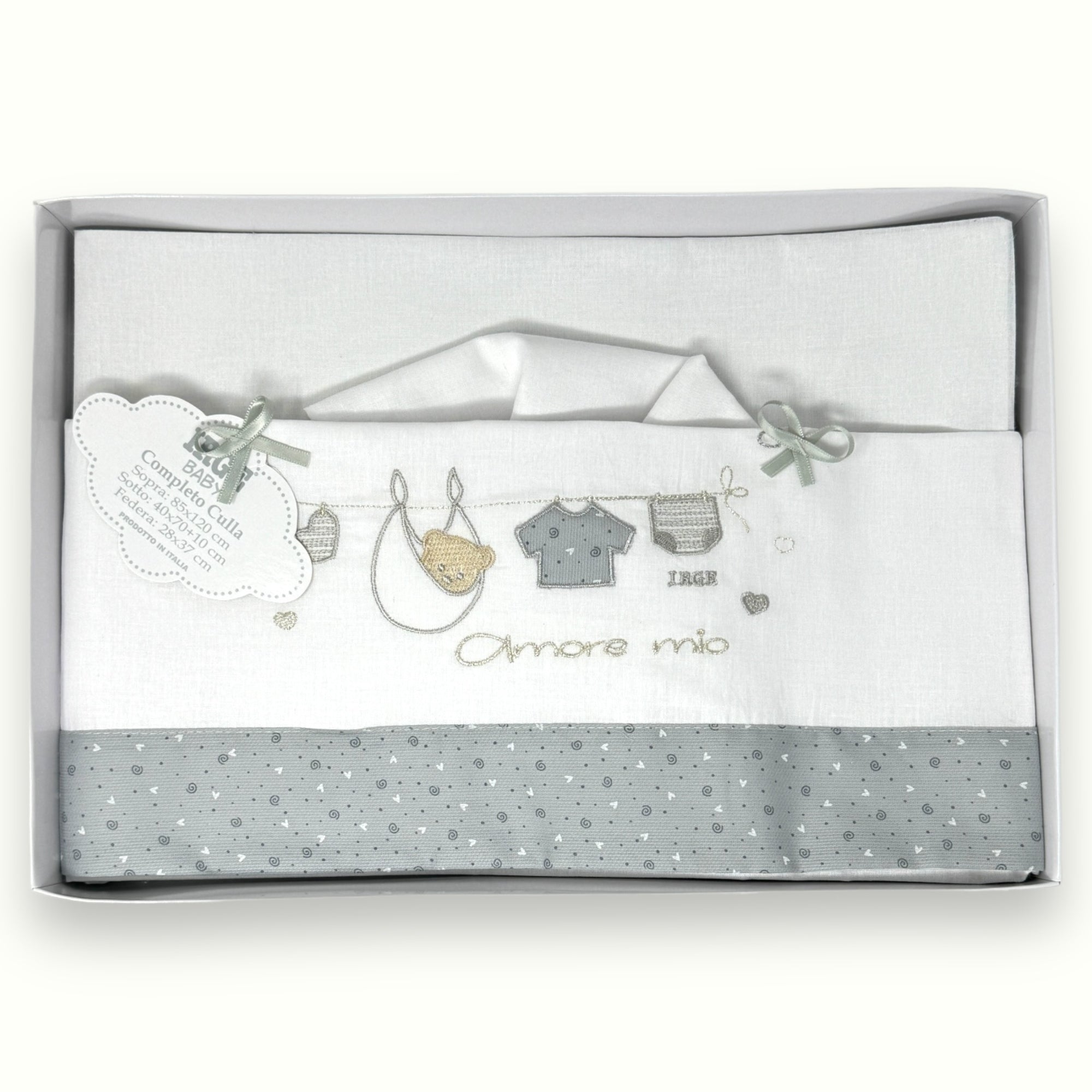 Irge Baby Completo Culla Carrozzina 3 Pezzi -sotto+sopra+federa Ricamato In Puro Cotone Misura 90x120  Art. Bicc10