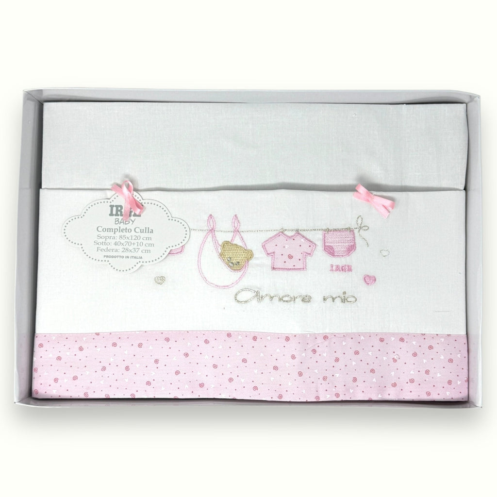 Irge Baby Completo Culla Carrozzina 3 Pezzi -sotto+sopra+federa Ricamato In Puro Cotone Misura 90x120  Art. Bicc10