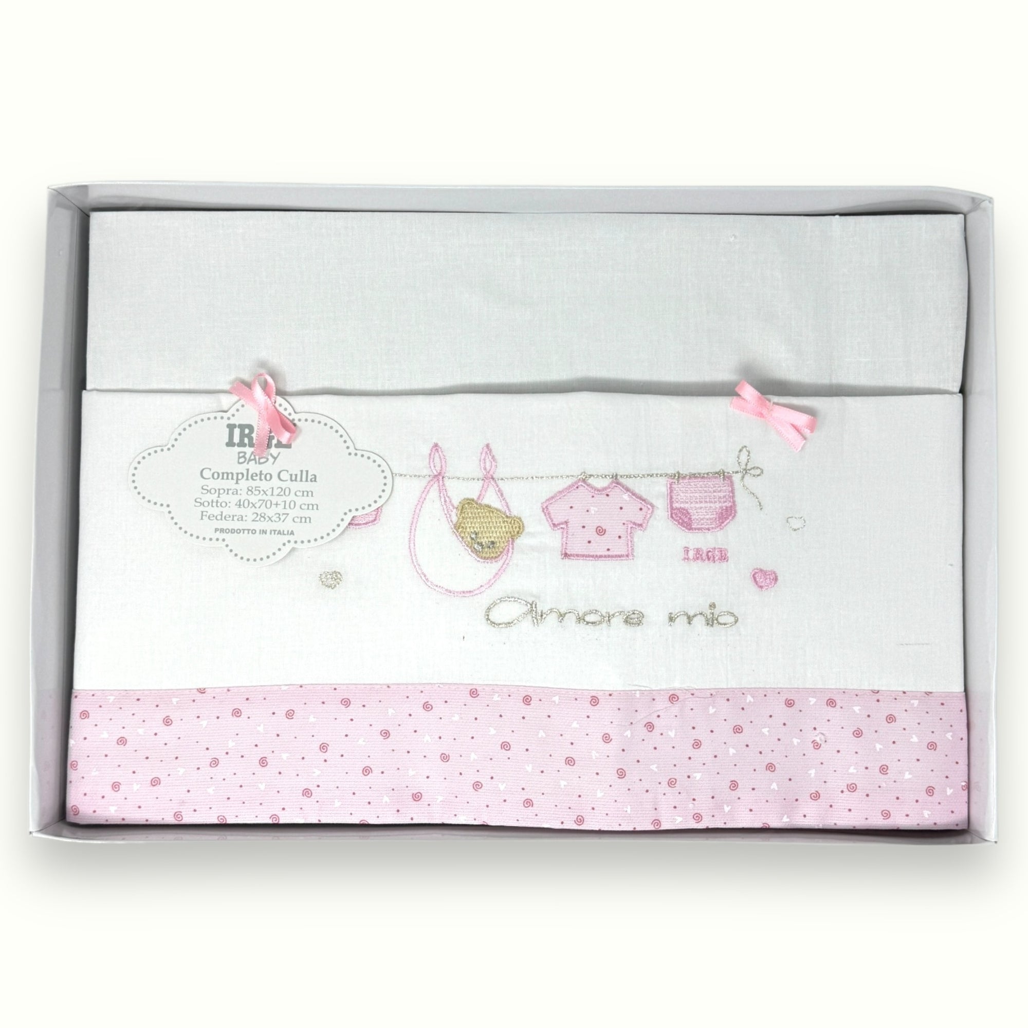 Irge Baby Completo Culla Carrozzina 3 Pezzi -sotto+sopra+federa Ricamato In Puro Cotone Misura 90x120  Art. Bicc10