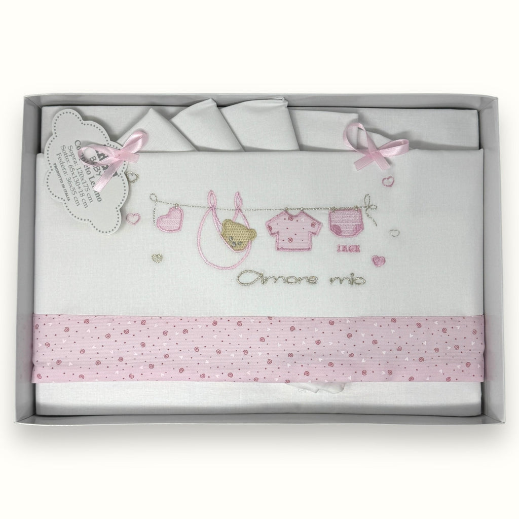 Irge Baby - Completo Lenzuolino Culla Grande Lettino  Sotto+sopra+federa In Puro Cotone Ricamato 120x180 Art. Bicl10