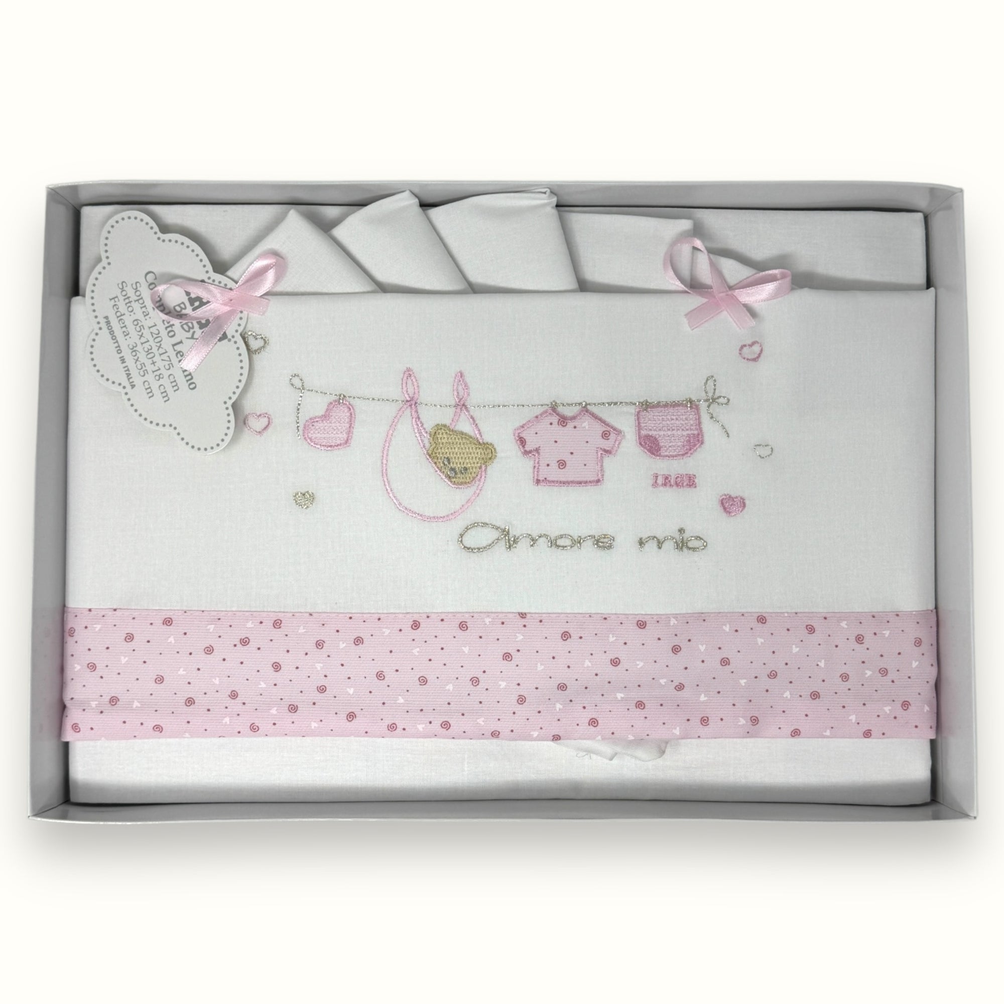 Irge Baby - Completo Lenzuolino Culla Grande Lettino  Sotto+sopra+federa In Puro Cotone Ricamato 120x180 Art. Bicl10