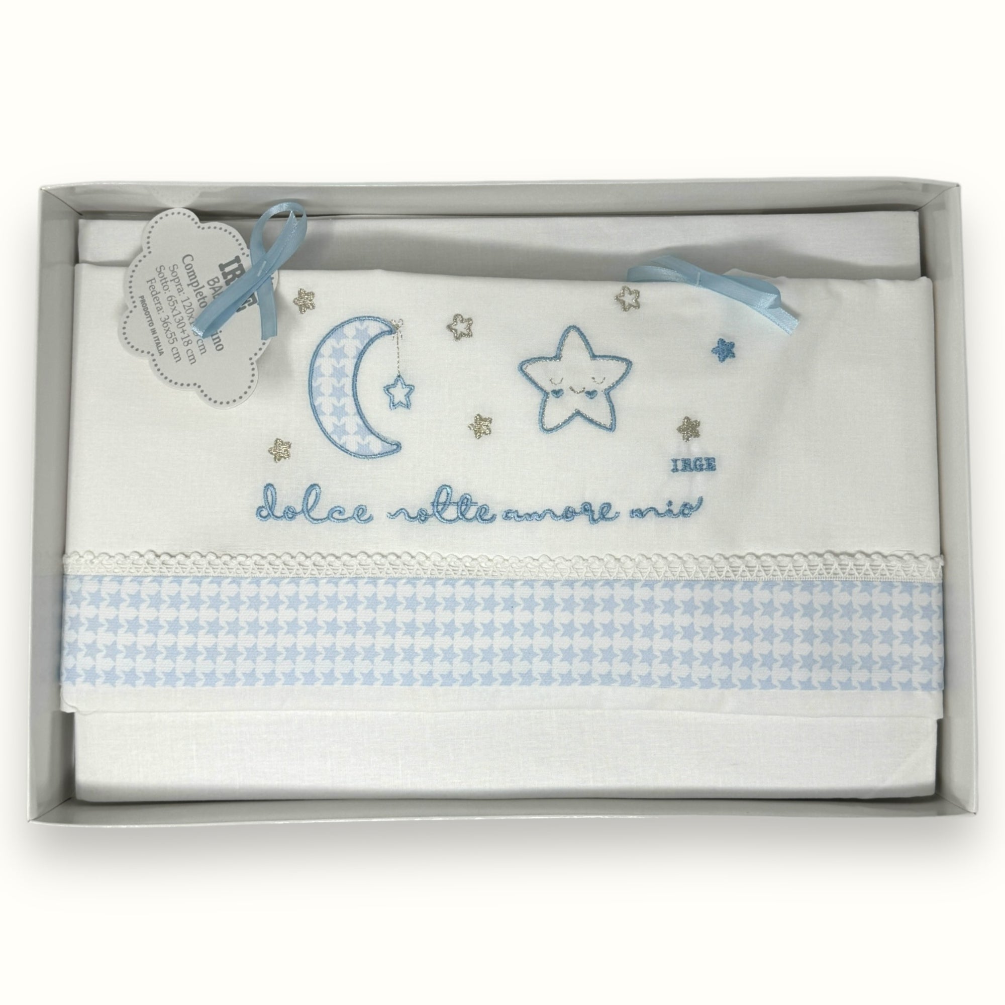 Irge Baby - Completo Lenzuolino Culla Grande Lettino Sotto+sopra+federa In Puro Cotone Ricamato 120x180 Art. Bicl07