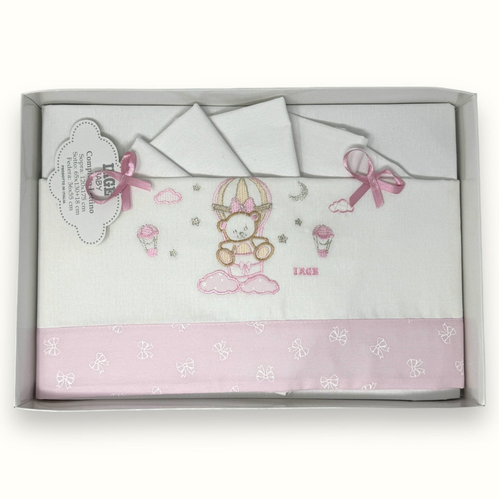 Irge Baby - Completo Lenzuolino Culla Grande Lettino Sotto+sopra+federa In Puro Cotone Ricamato 120x180 Art. Bicl09