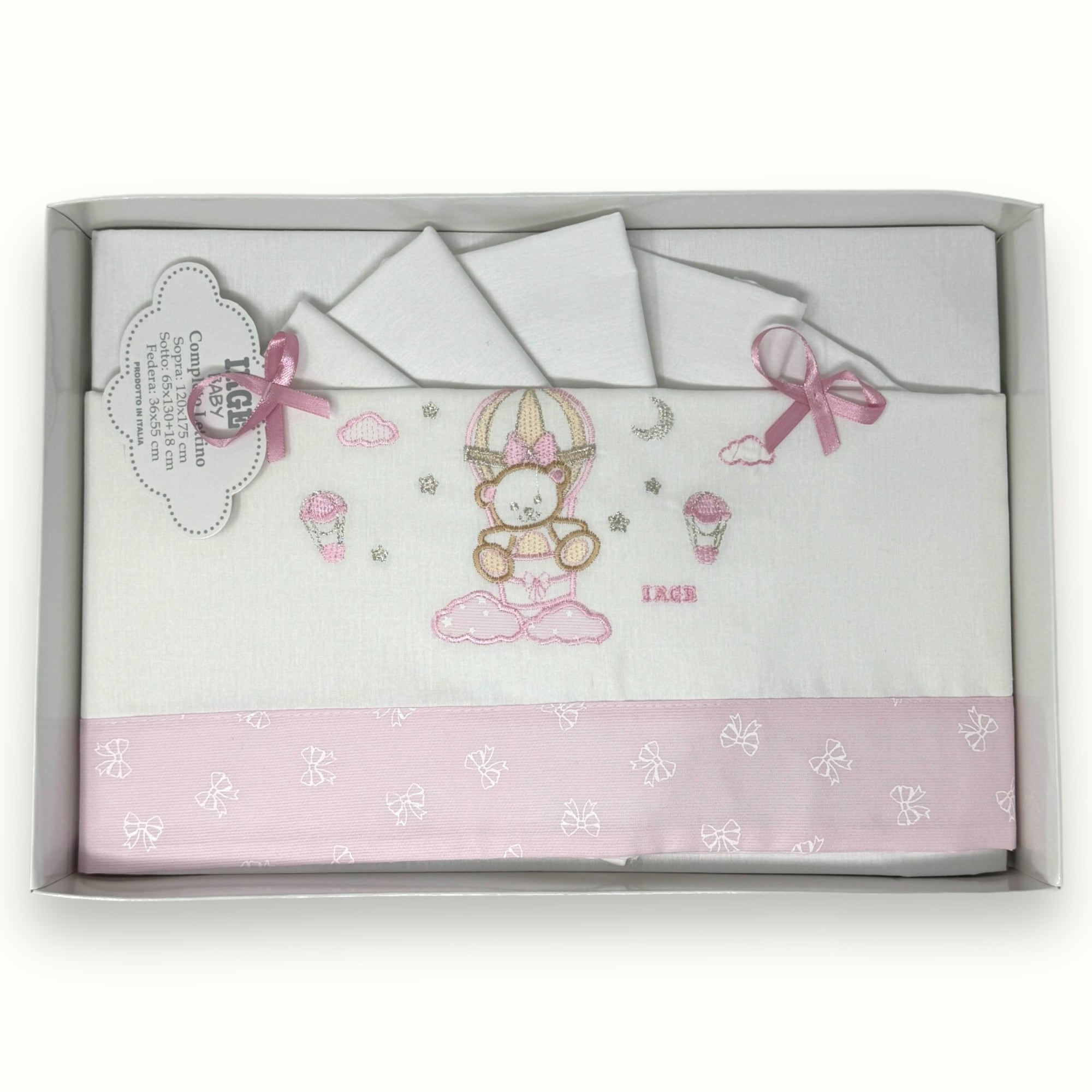 Irge Baby - Completo Lenzuolino Culla Grande Lettino Sotto+sopra+federa In Puro Cotone Ricamato 120x180 Art. Bicl09