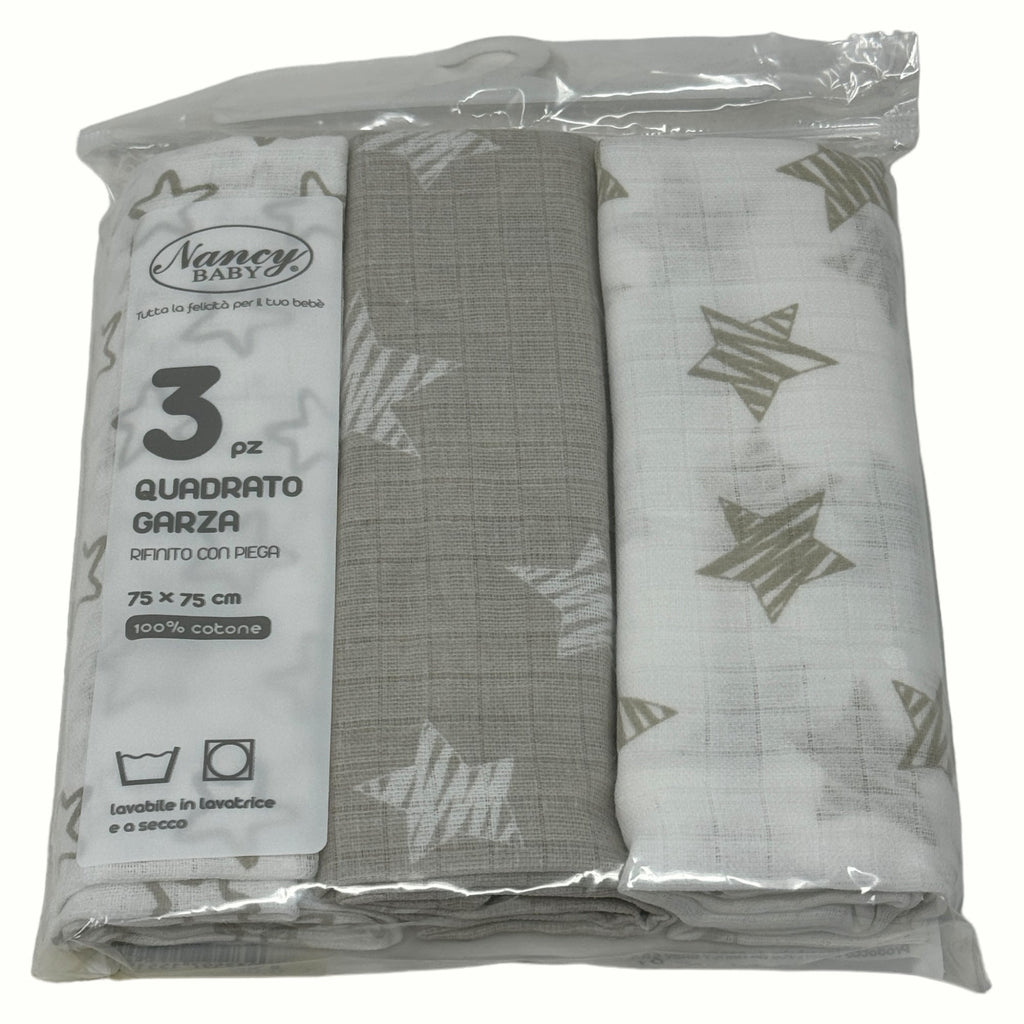 Nancy Baby Confezione 3 Pezzi Quadrato Garza 100% Cotone Mis. 75x75 Colorato Stampato  Art. 515