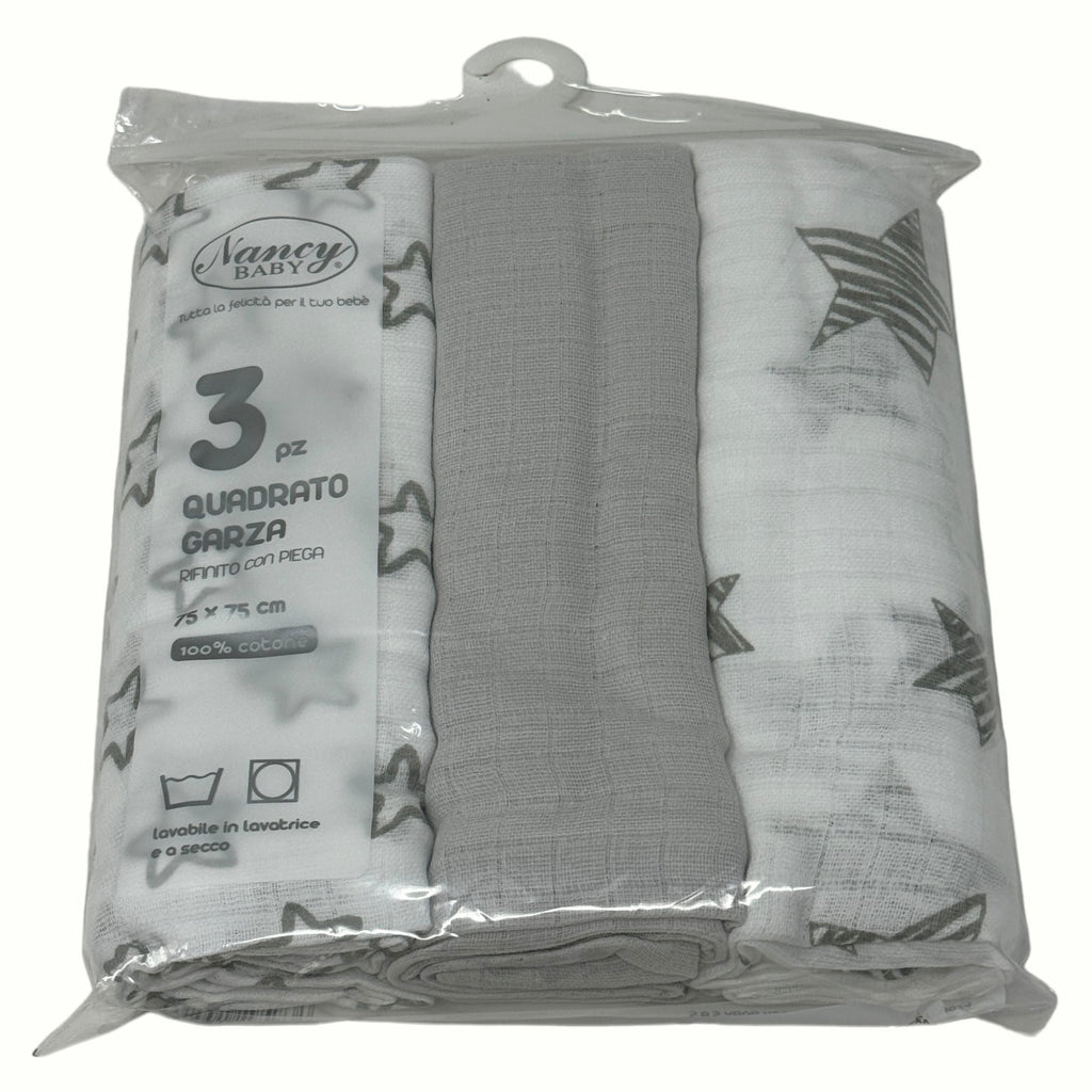 Nancy Baby Confezione 3 Pezzi Quadrato Garza 100% Cotone Mis. 75x75 Colorato Stampato  Art. 515
