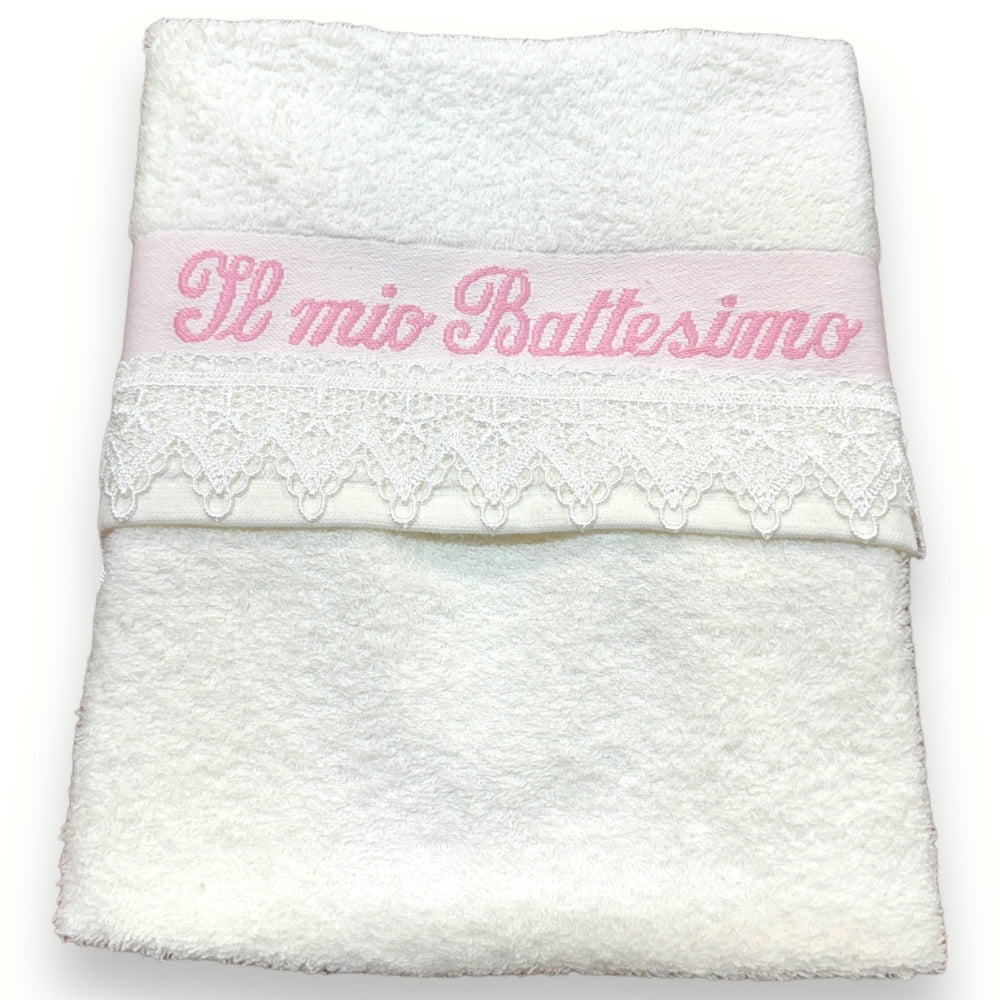 Nancy Baby - Asciugamano Battesimale Con Pizzo E Ricamo (il Mio Battesimo) In Puro Cotone  Art. 801