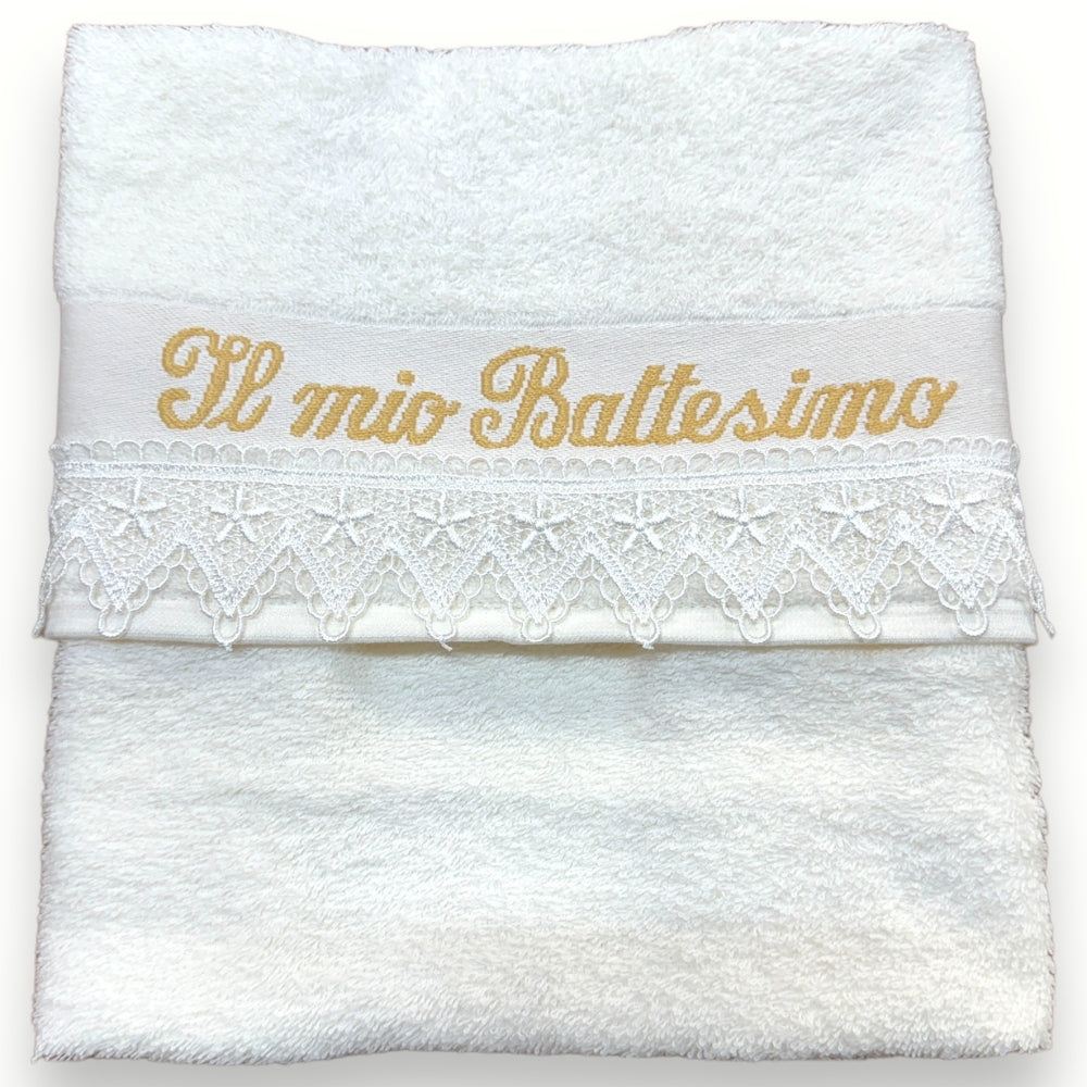 Nancy Baby - Asciugamano Battesimale Con Pizzo E Ricamo (il Mio Battesimo) In Puro Cotone  Art. 801