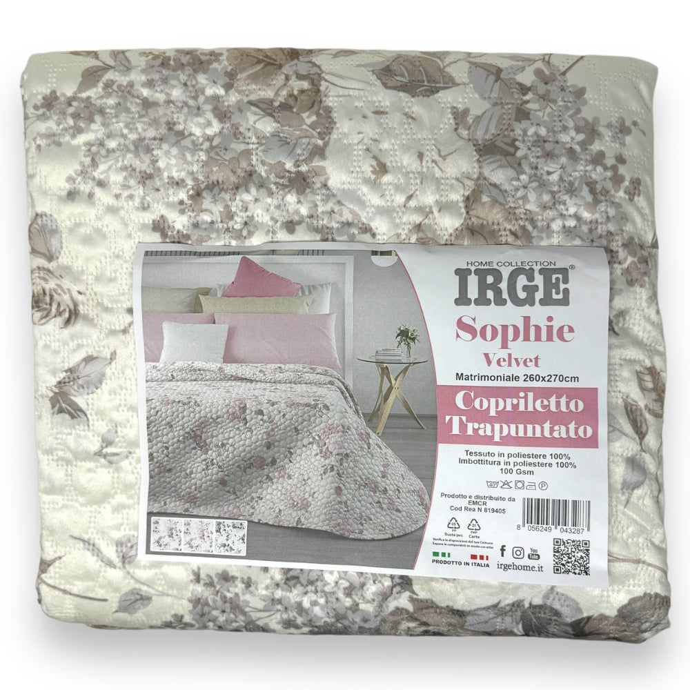 Irge Home - Copriletto Trapuntato Matrimoniale Velvet Mano Pesca Fantasia Floreale  Art. Sophie