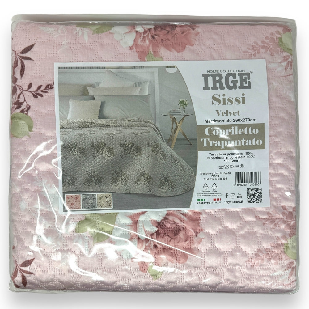 Irge Home - Copriletto Trapuntato Matrimoniale Velvet Mano Pesca Fantasia Floreale Art. Sissi