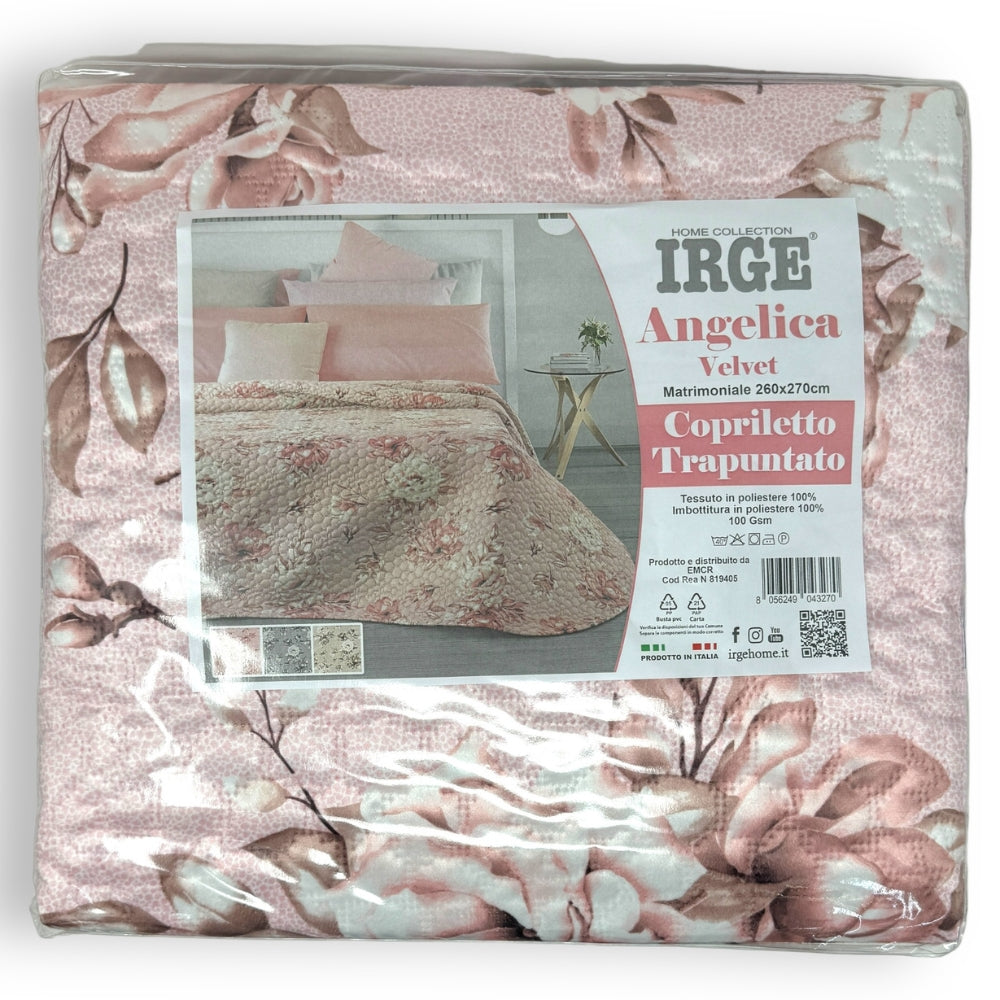 Irge Home - Copriletto Trapuntato Matrimoniale Velvet Mano Pesca Fantasia Floreale  Art. Angelica