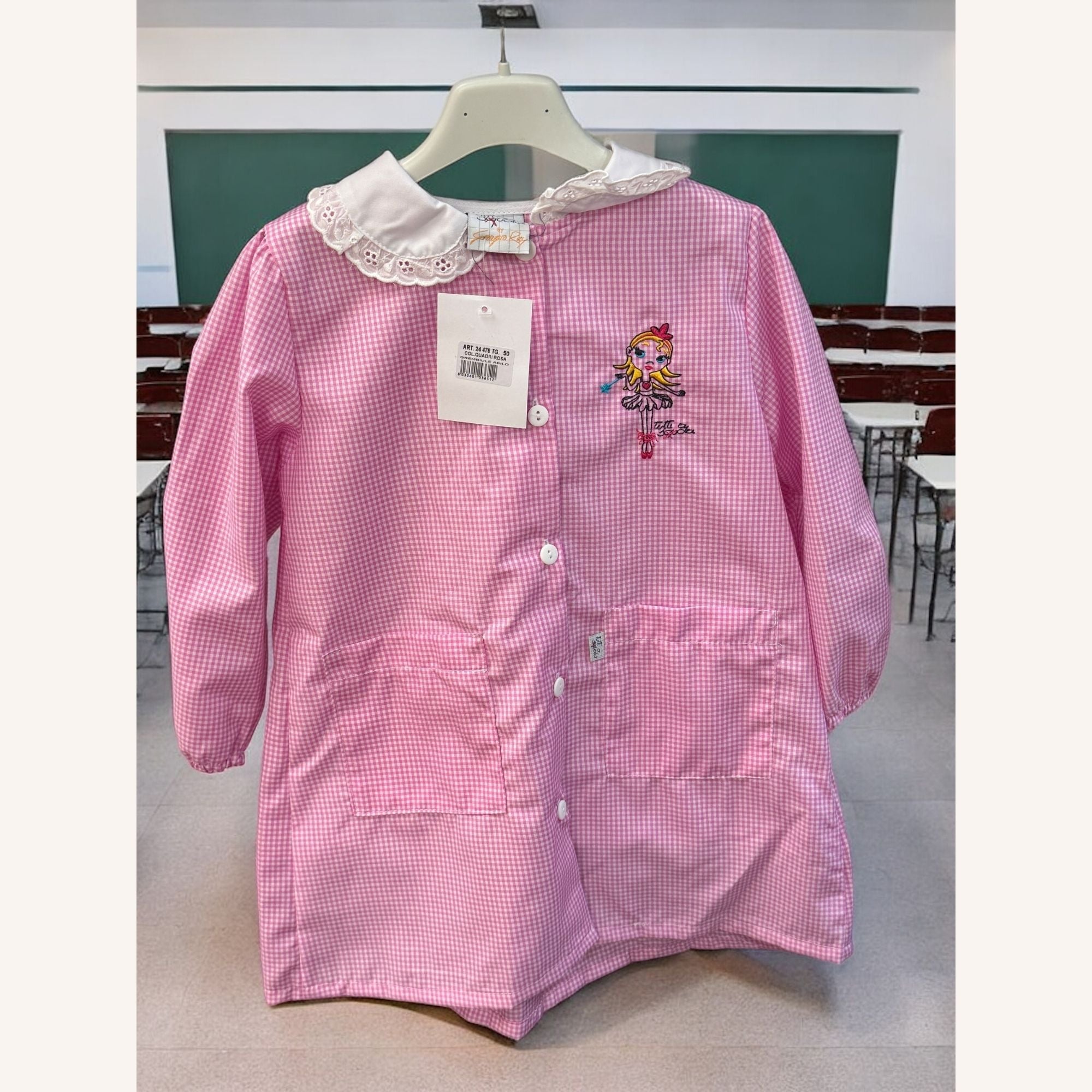Tutti A Scuola - Grembiule Scuola Asilo Femminuccia Con Ricamo E Applicazione In Pizzo Art. 24478