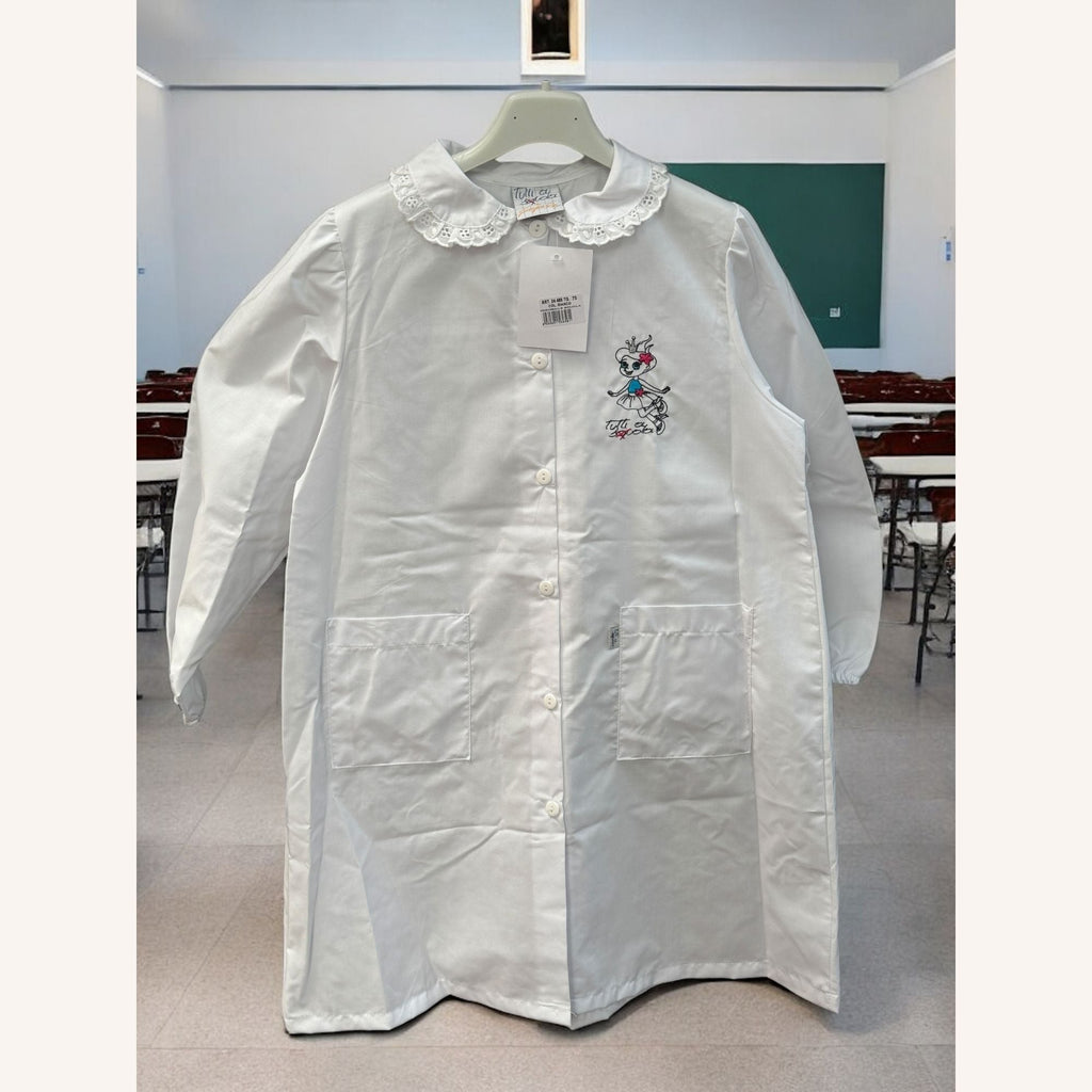 Tutti A Scuola - Grembiule Scuola Bianco Elementare Femminuccia Con Ricamo E Applicazione In Pizzo Art. 24485