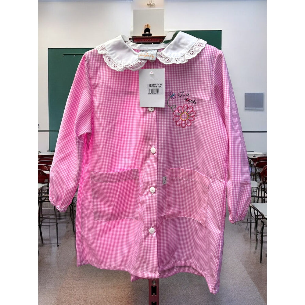Tutti A Scuola - Grembiule Scuola Asilo Quadretto Femminuccia Con Ricamo E Applicazione In Pizzo Art. 24477