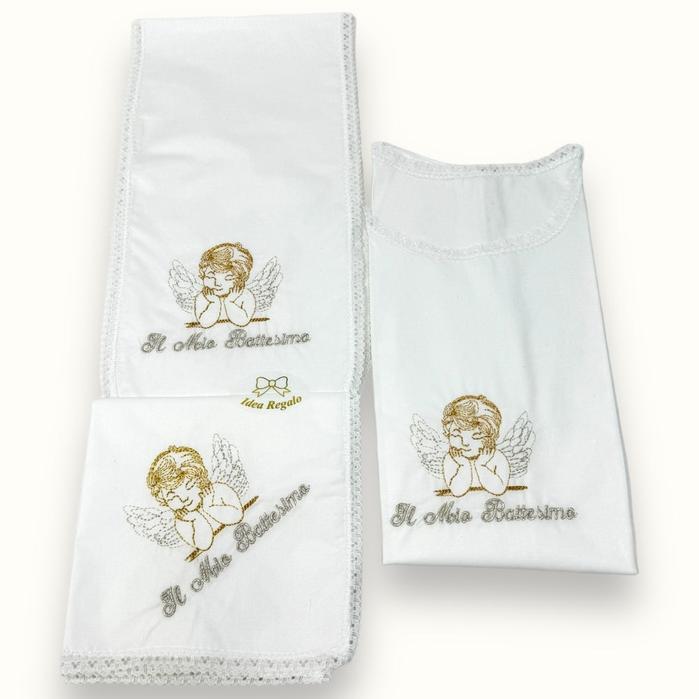 Nancy Baby - Set 3 Pezzi Battesimale (camicina, Stola E Fazzoletto) In Puro Cotone Ricamato  Art 80