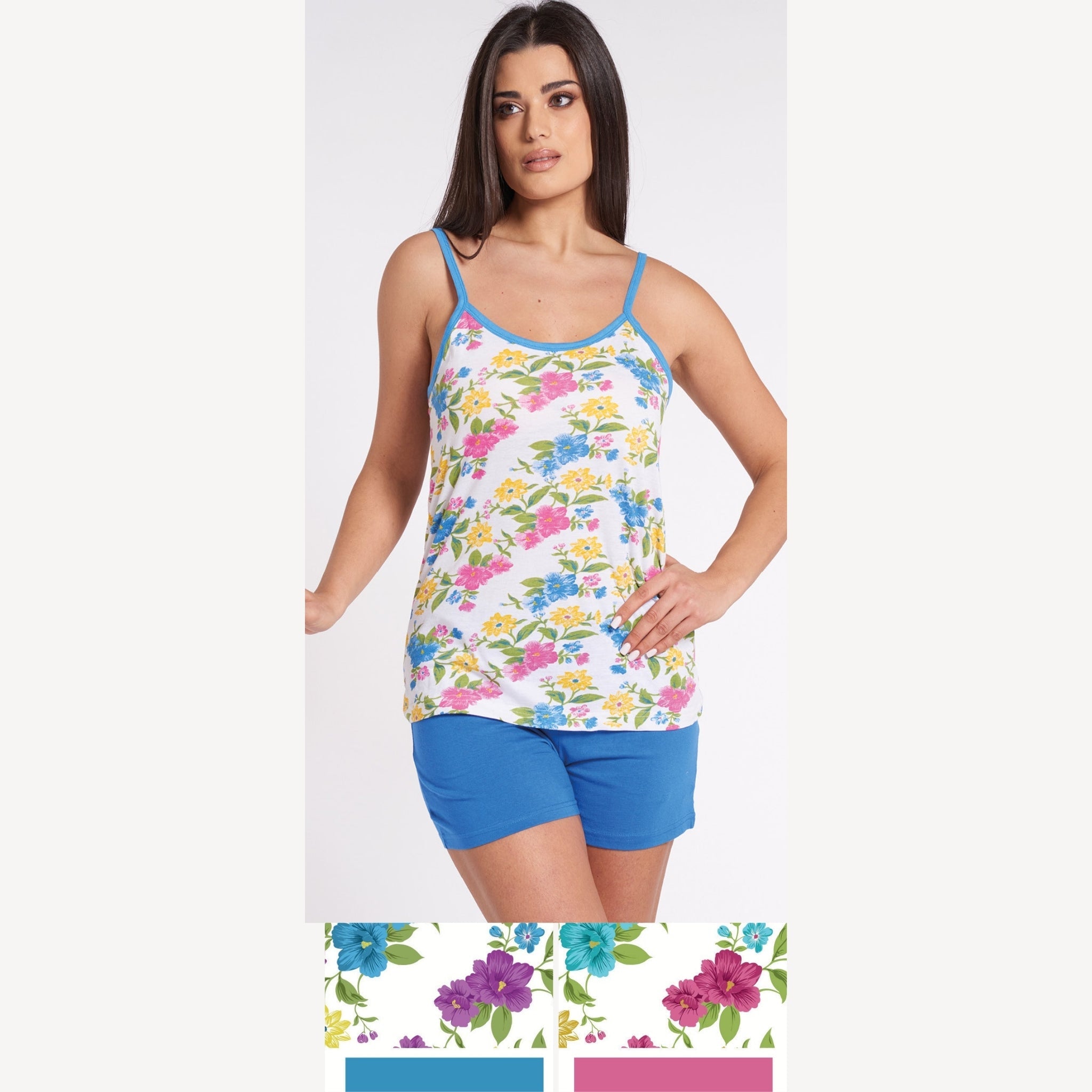 Vanue' Estate Pigiama Donna Corto Spalla Stretta Fantasia In Puro Cotone Art. Vs0113pb