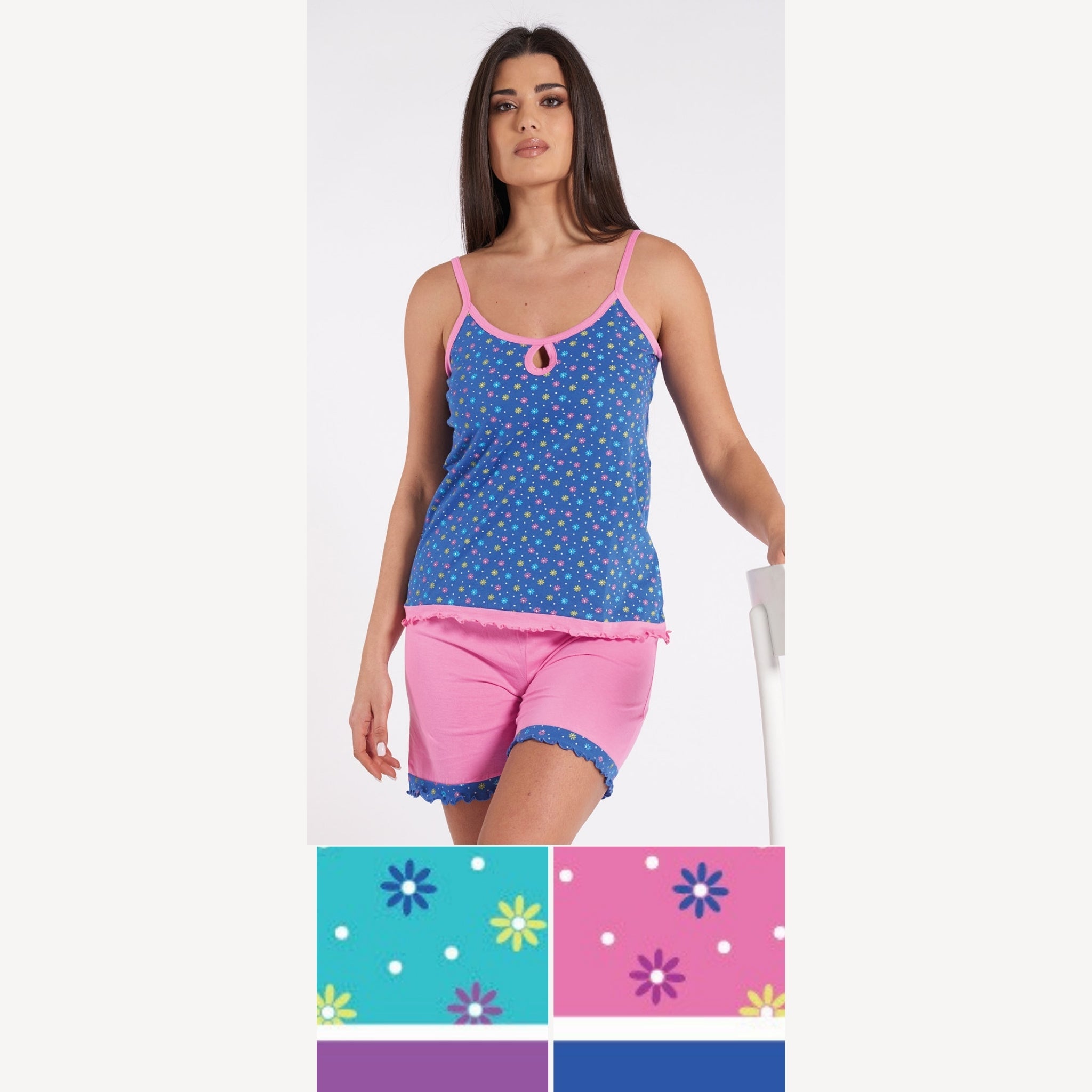 Vanue' Estate Pigiama Donna Corto Con Spalla Stretta Fantasia In Puro Cotone Art. Vs0120pb