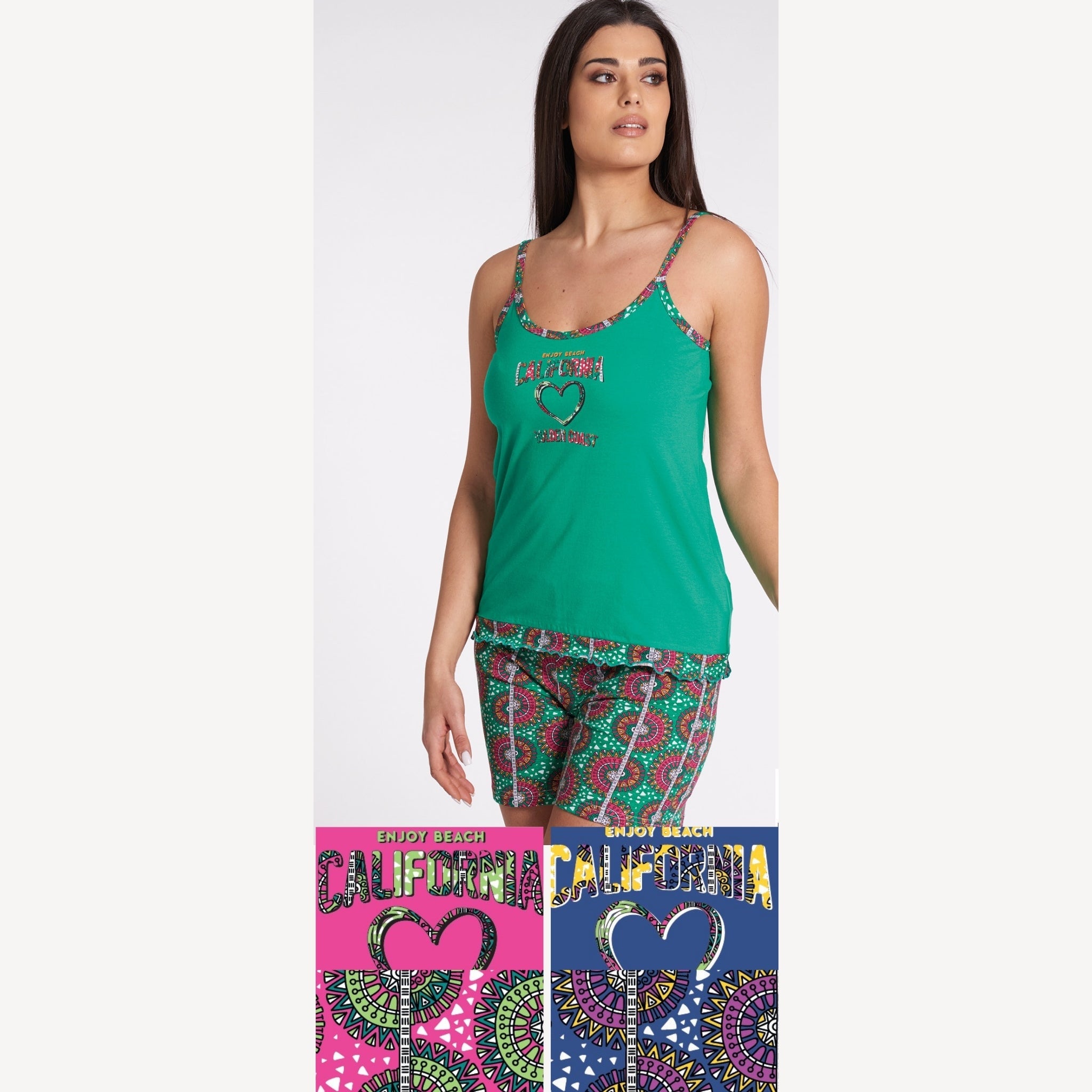 Vanue' Estate Pigiama Donna Corto Spalla Stretta In Puro Cotone Con Stampa Art. Vs0167pb