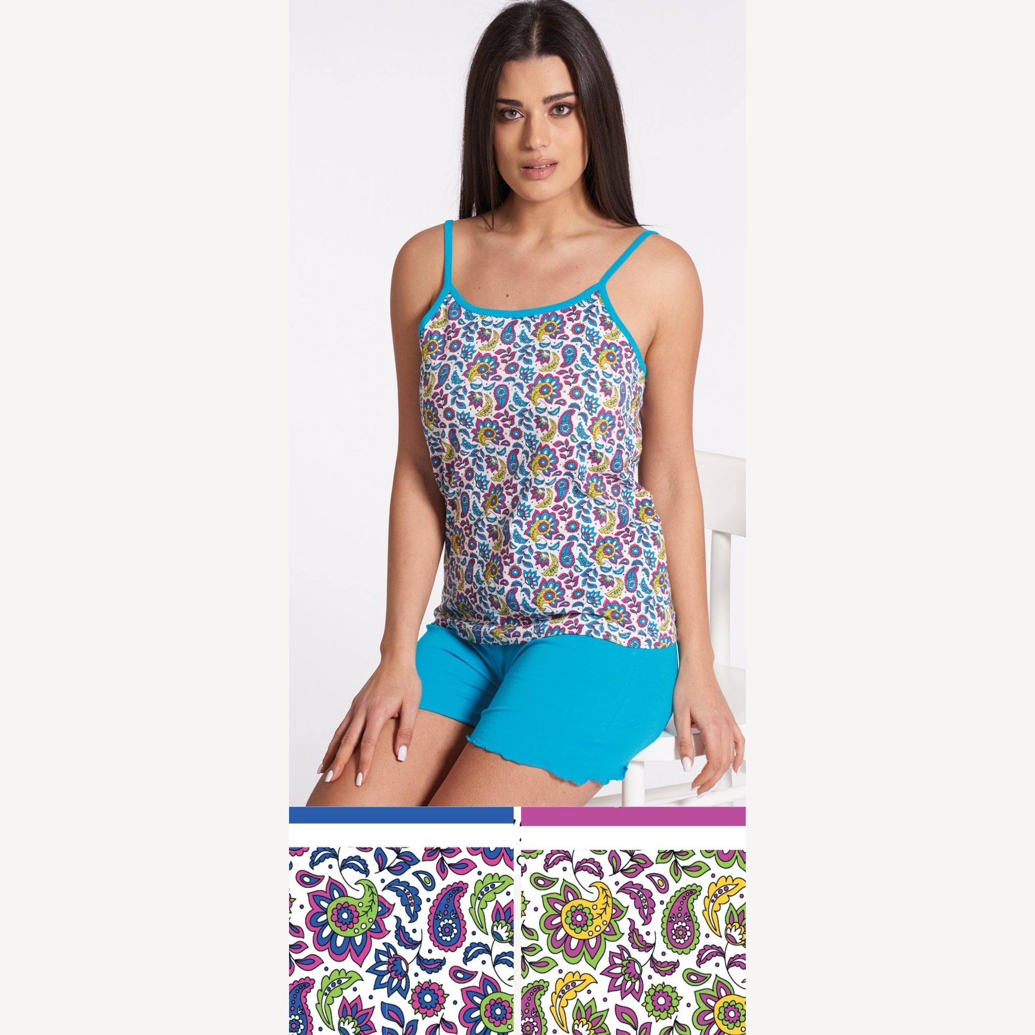Vanue' Estate  Pigiama Donna Corto Con Spalla Stretta Fantasia In Puro Cotone Art. Vs0172pb