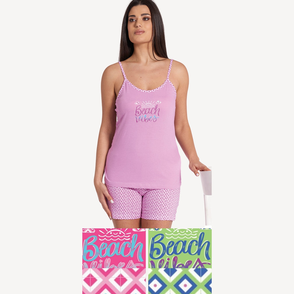 Vanue' Estate Pigiama Donna Corto Con Spalla Stretta In Puro Cotone Con Stampa Art. Vs0178