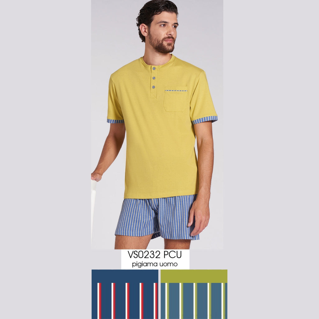 Vanuè - Pigiama Uomo Serafino Corto In Puro Cotone Con Taschino Art. Vs0232pcu