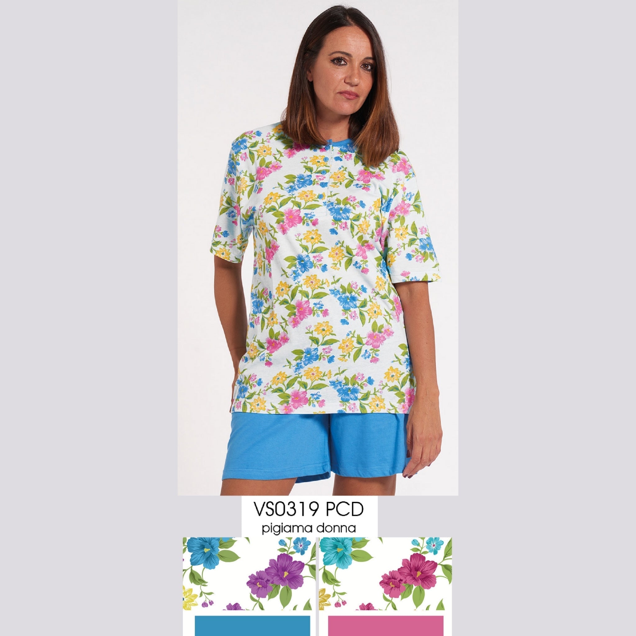 Vanuè - Pigiama Donna Aperto Corto In Puro Cotone Fantasia Art. Vs0319pcd