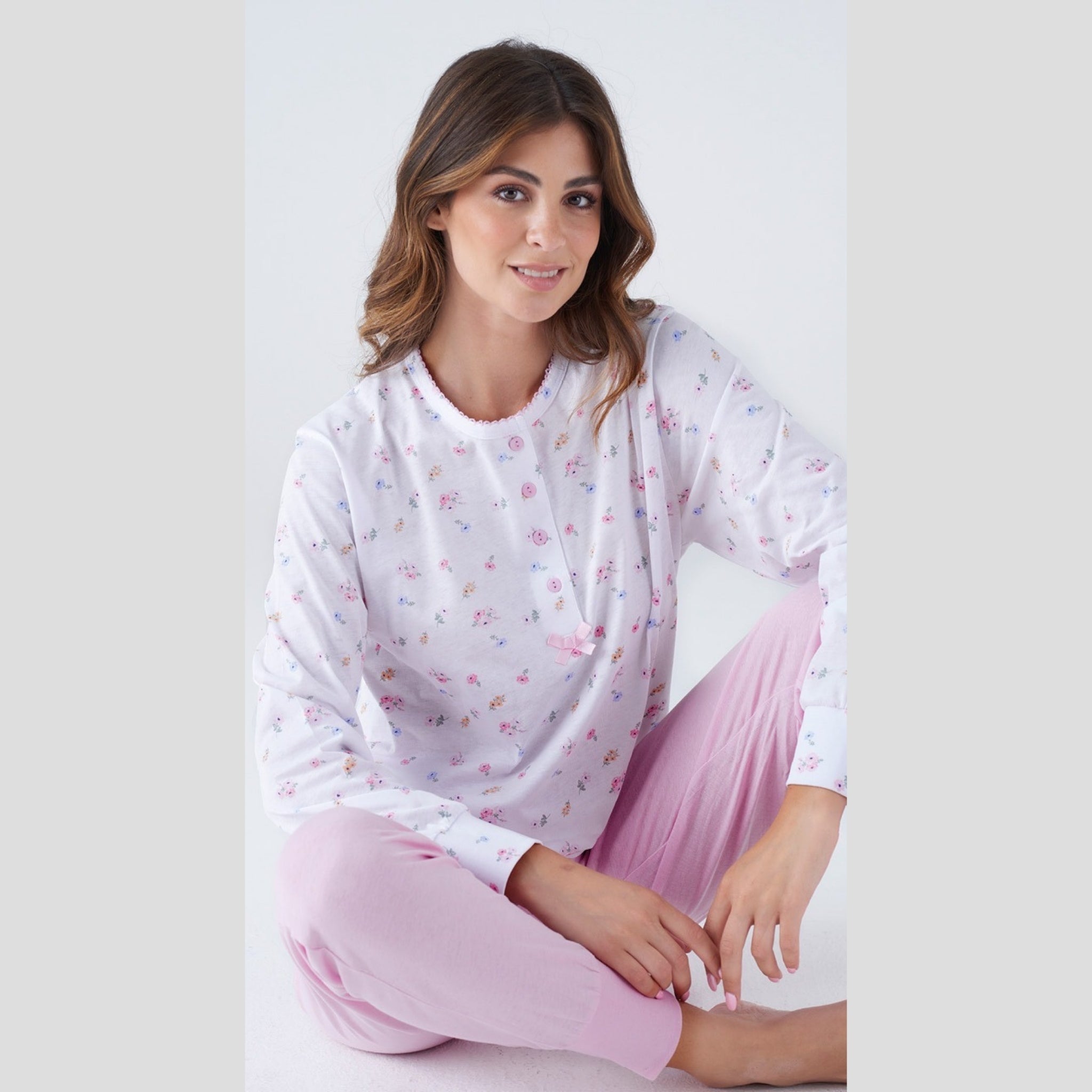 Karelpiu' Primavera Pigiama Donna Serafino Lungo In Puro Cotone Stampato Art. Sk8030pld