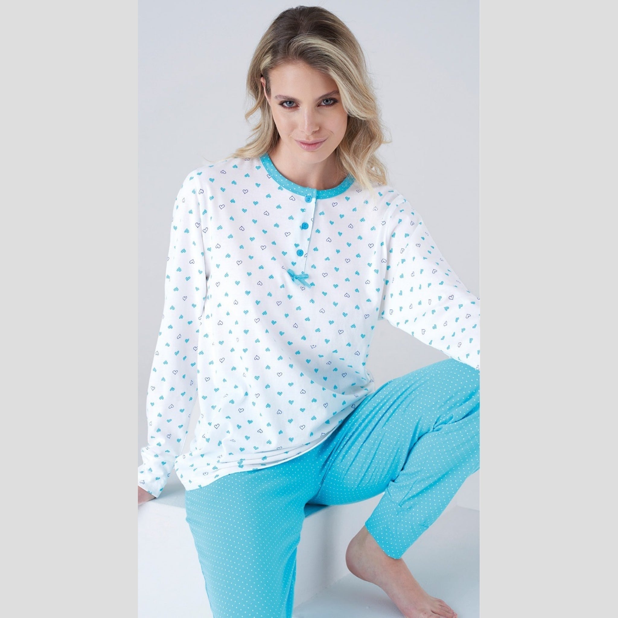 Karelpiu' Primavera Pigiama Donna Serafino Lungo In Puro Cotone Stampato Art. Sk8055pld