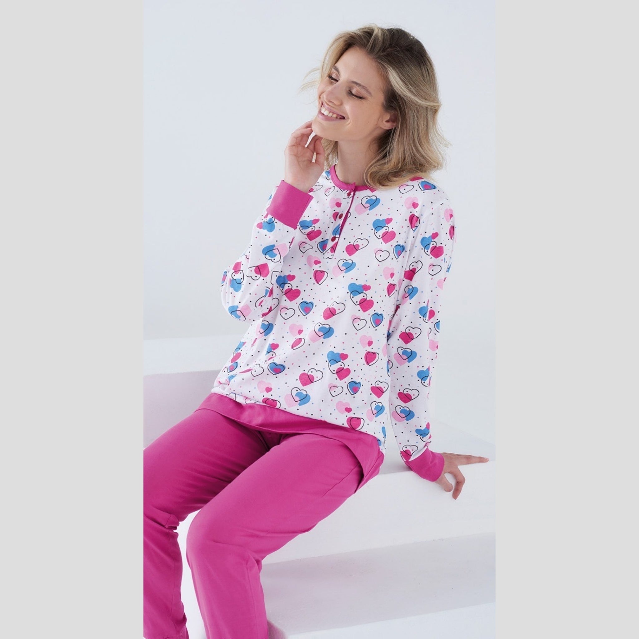 Karelpiu' Primavera Pigiama Donna Serafino Lungo In Puro Cotone Stampato Art. Sk8069pld