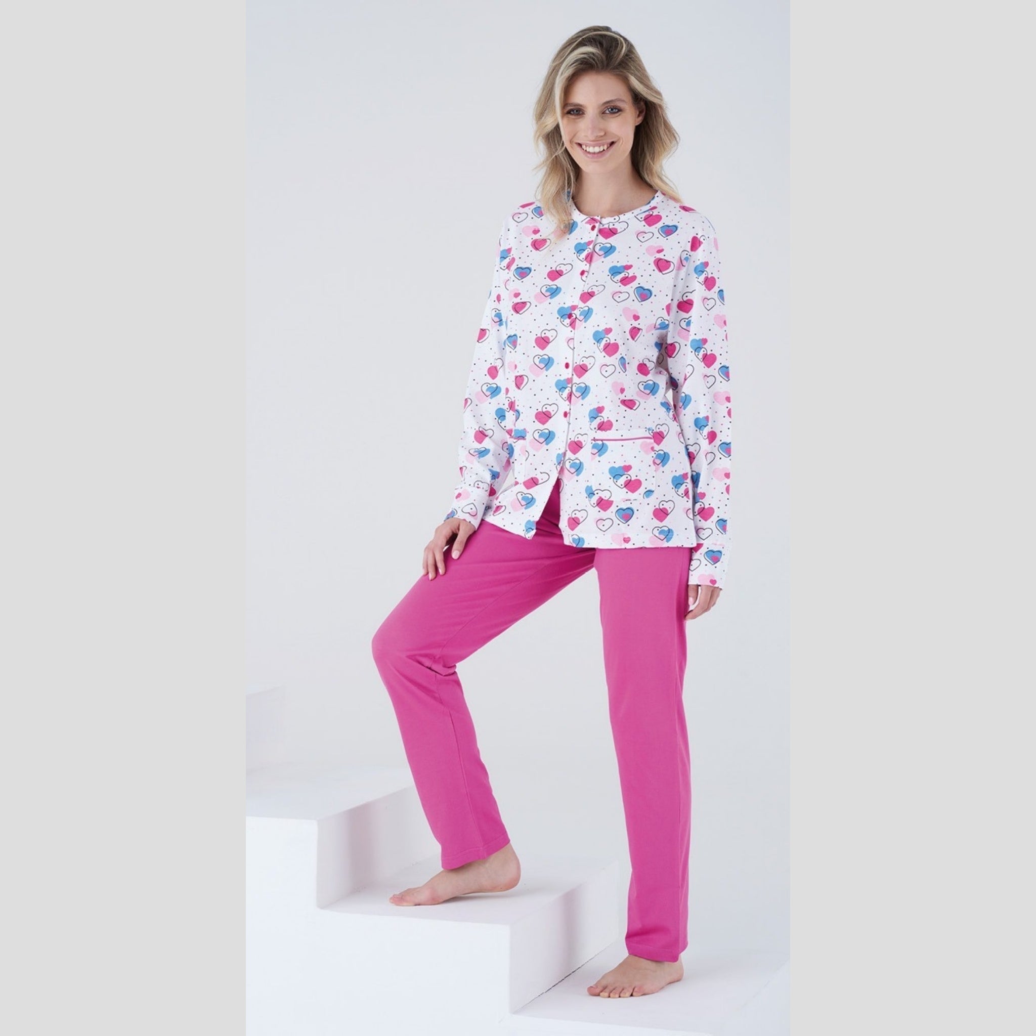 Karelpiu' Primavera Pigiama Donna Lungo Aperto In Puro Cotone Stampato Art. Sk8070plda