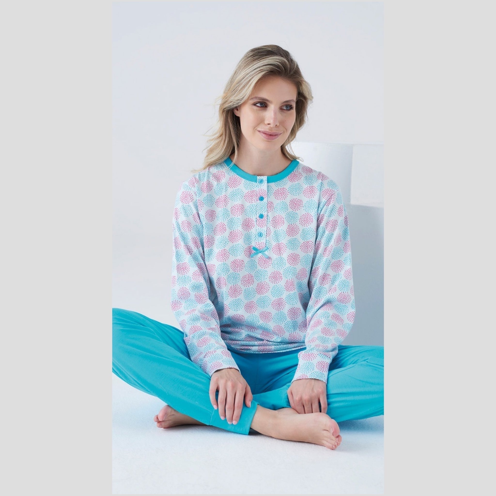 Karelpiu' Primavera Pigiama Donna Serafino Lungo In Puro Cotone Stampato Art. Sk8076pld